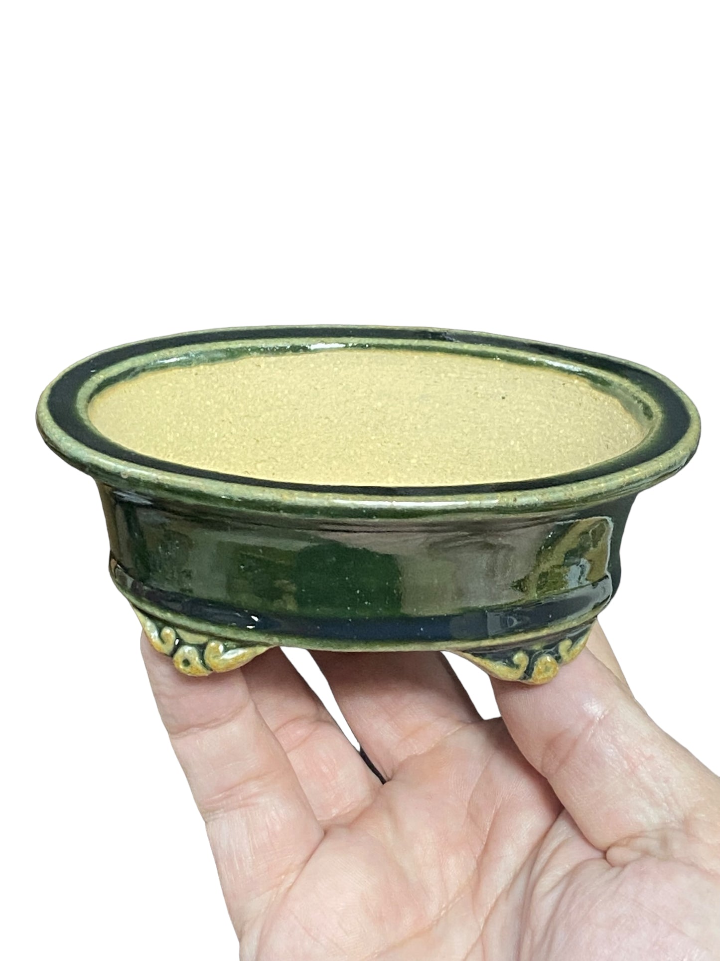 Shibakatsu - Rich Green Glazed Footed Oval Style Bonsai Pot