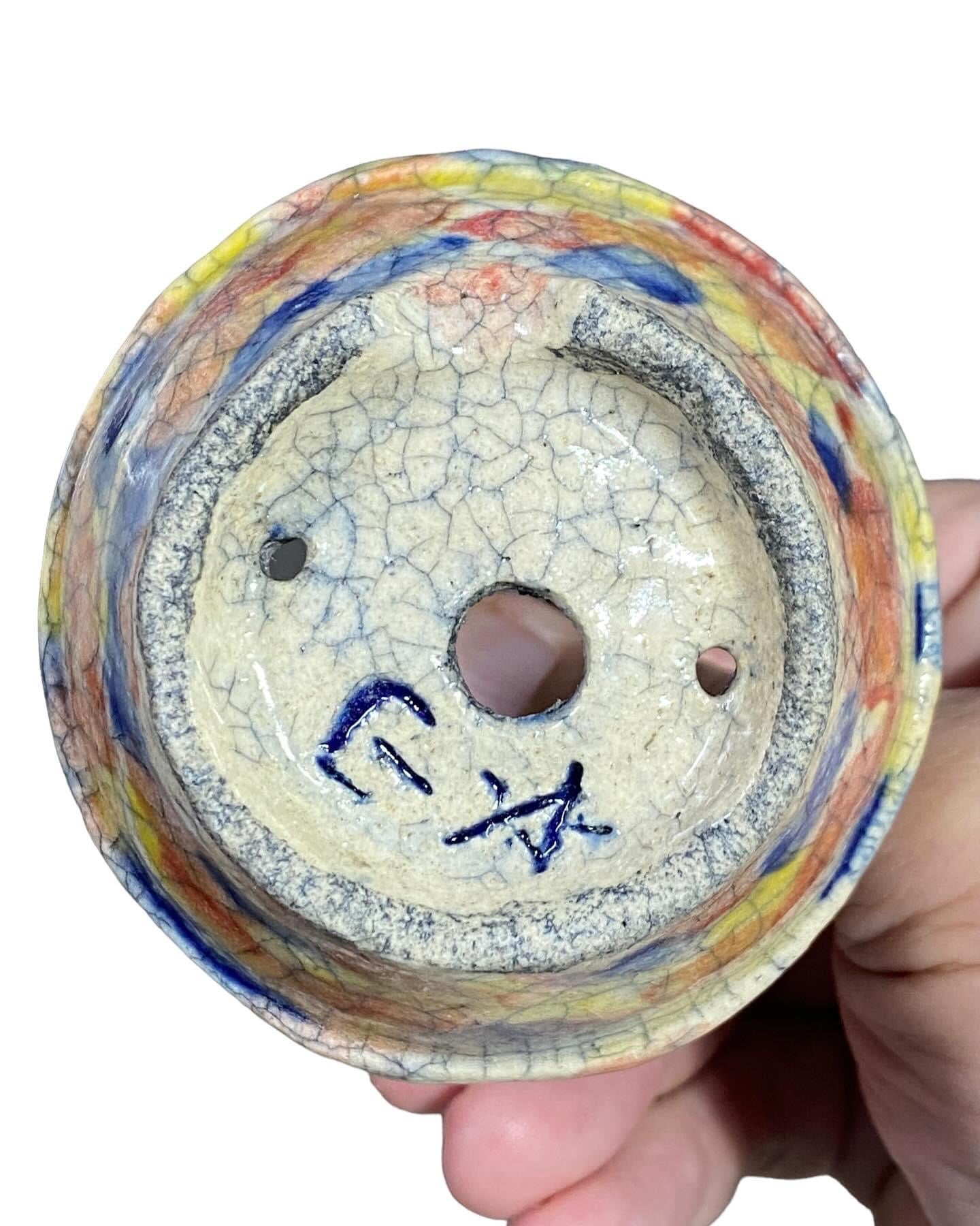 Bunzan - Multicolored Crackle Glaze Flower Basket Bonsai or Accent Pot (3-1/16” wide)