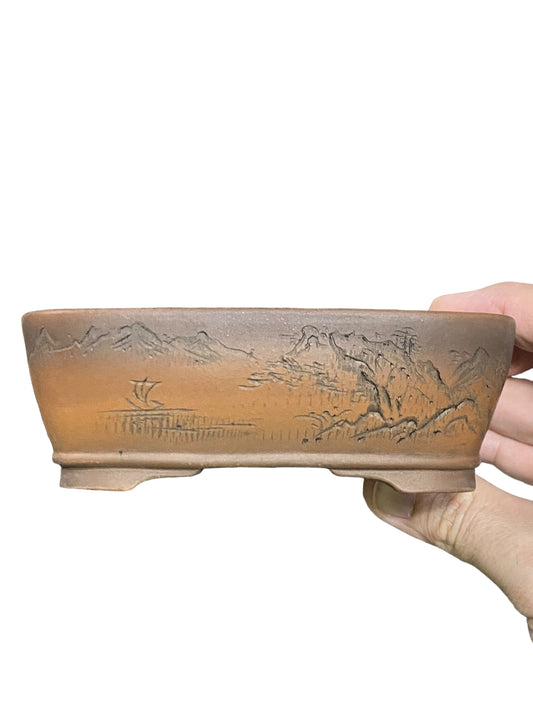 Bigei - Old Relief Carved Oval Style Bonsai Pot