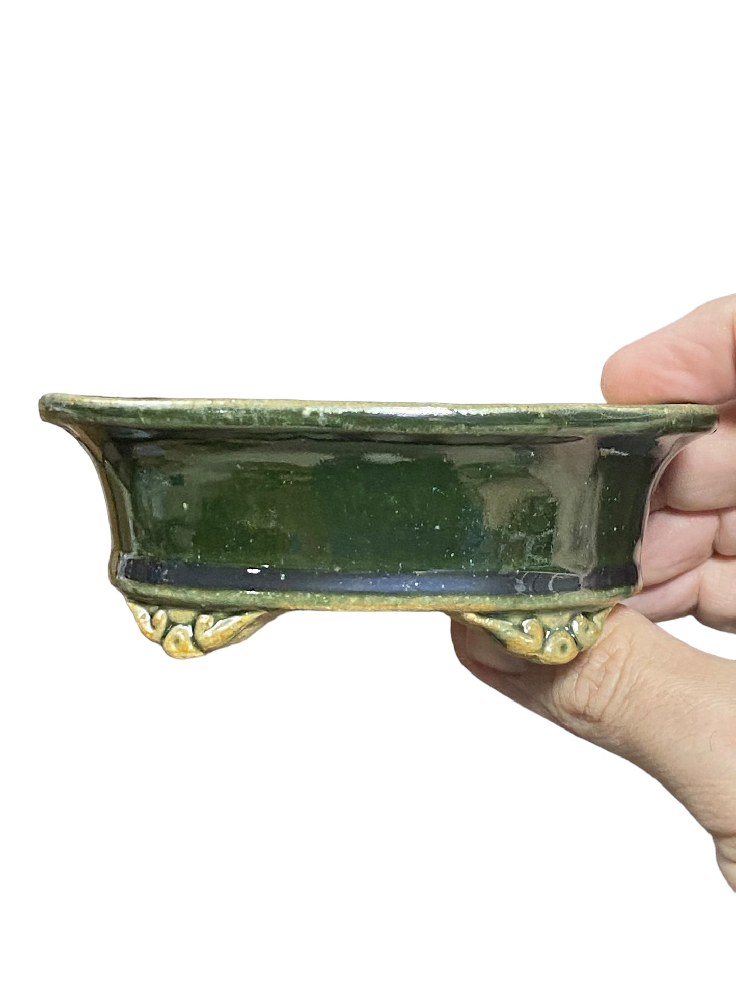 Shibakatsu - Rich Green Glazed Footed Oval Style Bonsai Pot