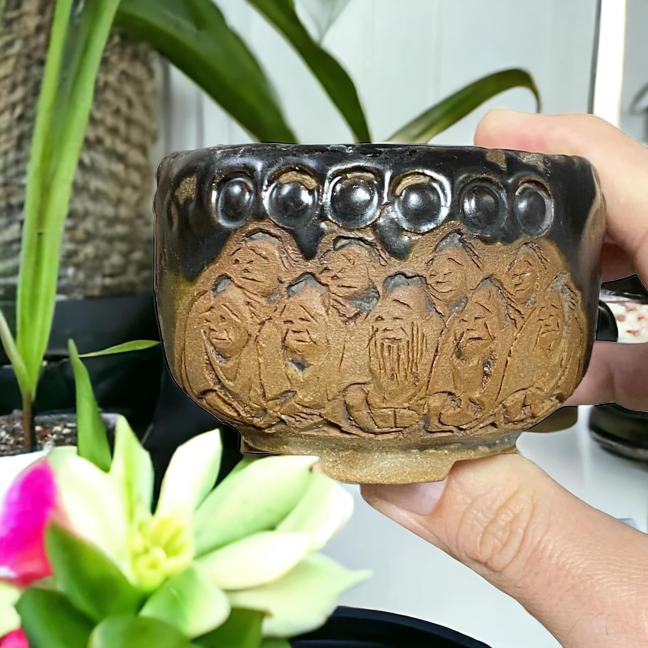 Tanabe Sekisyu - Relief Carving Bonsai Pot (3-5/16" wide)