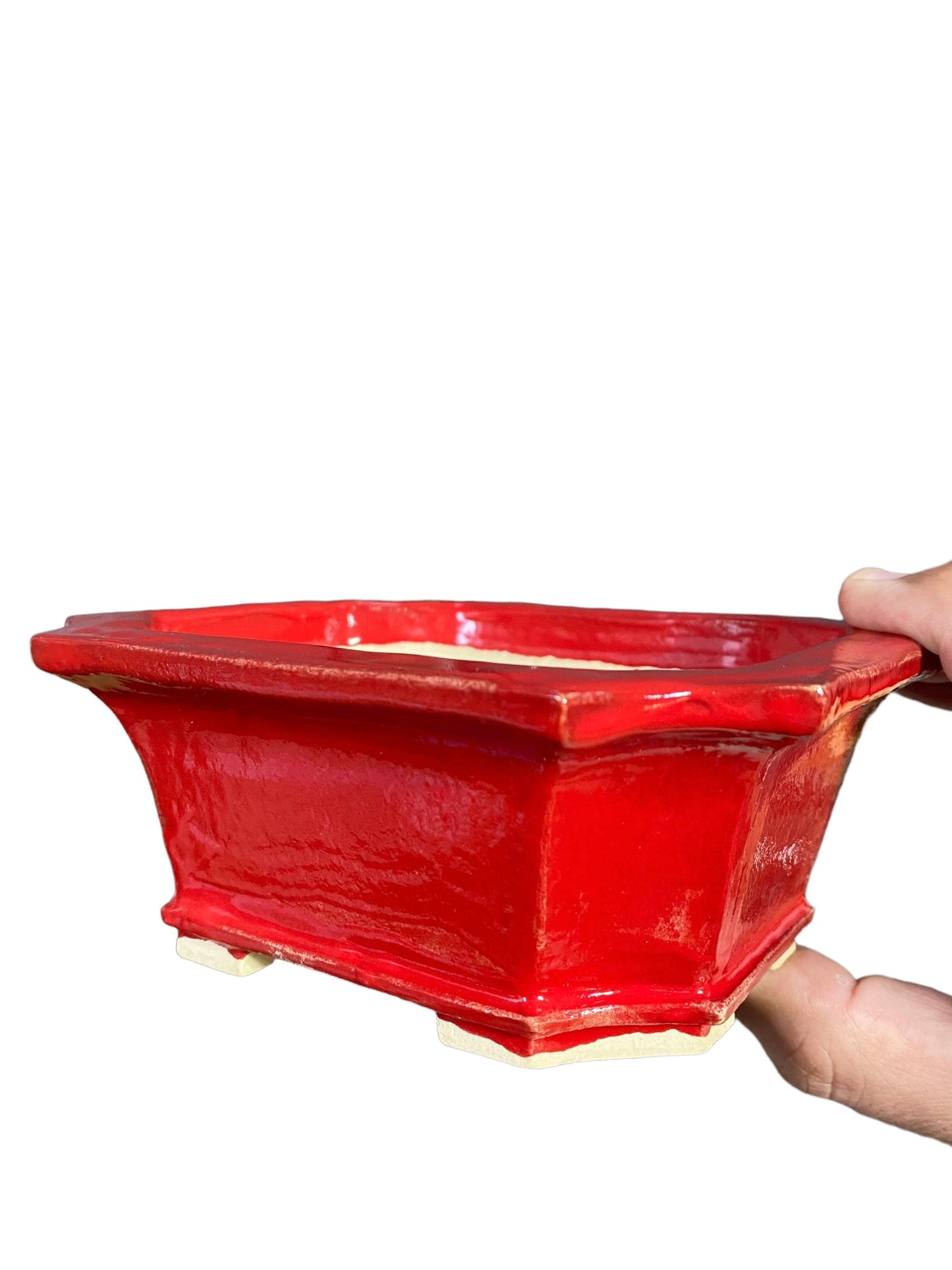 Fukuda Keiun - Bright Red Glazed Rectangle Bonsai Pot (5-7/8" wide)