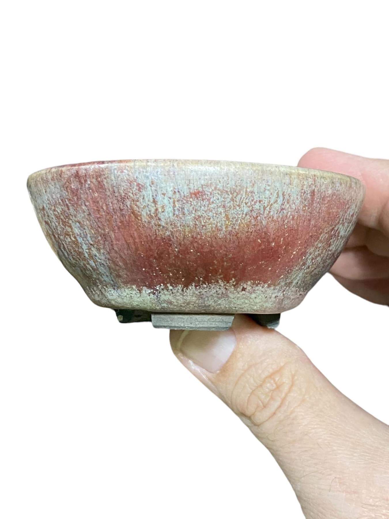 Red and White Glazed Round Bonsai Pot from Japan