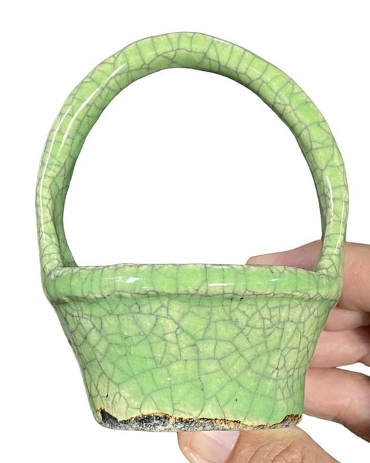 Bunzan - Crackle Glazed Flower Basket Bonsai or Accent Pot (3” wide)
