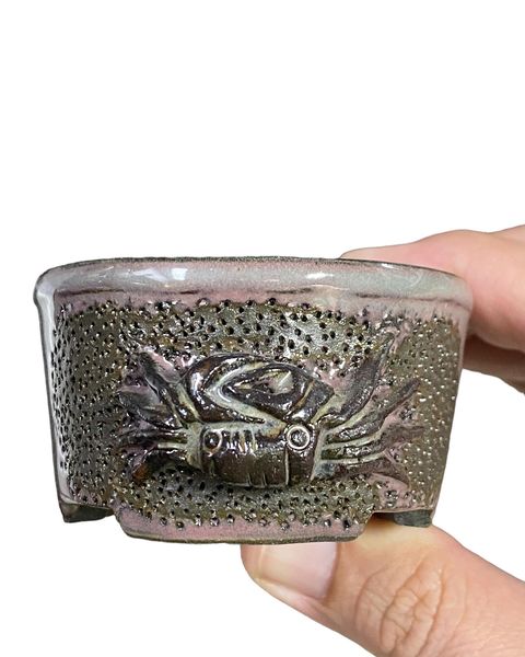 Takudo - Carved Crab Glazed Bonsai Pot (2-3/4" wide)