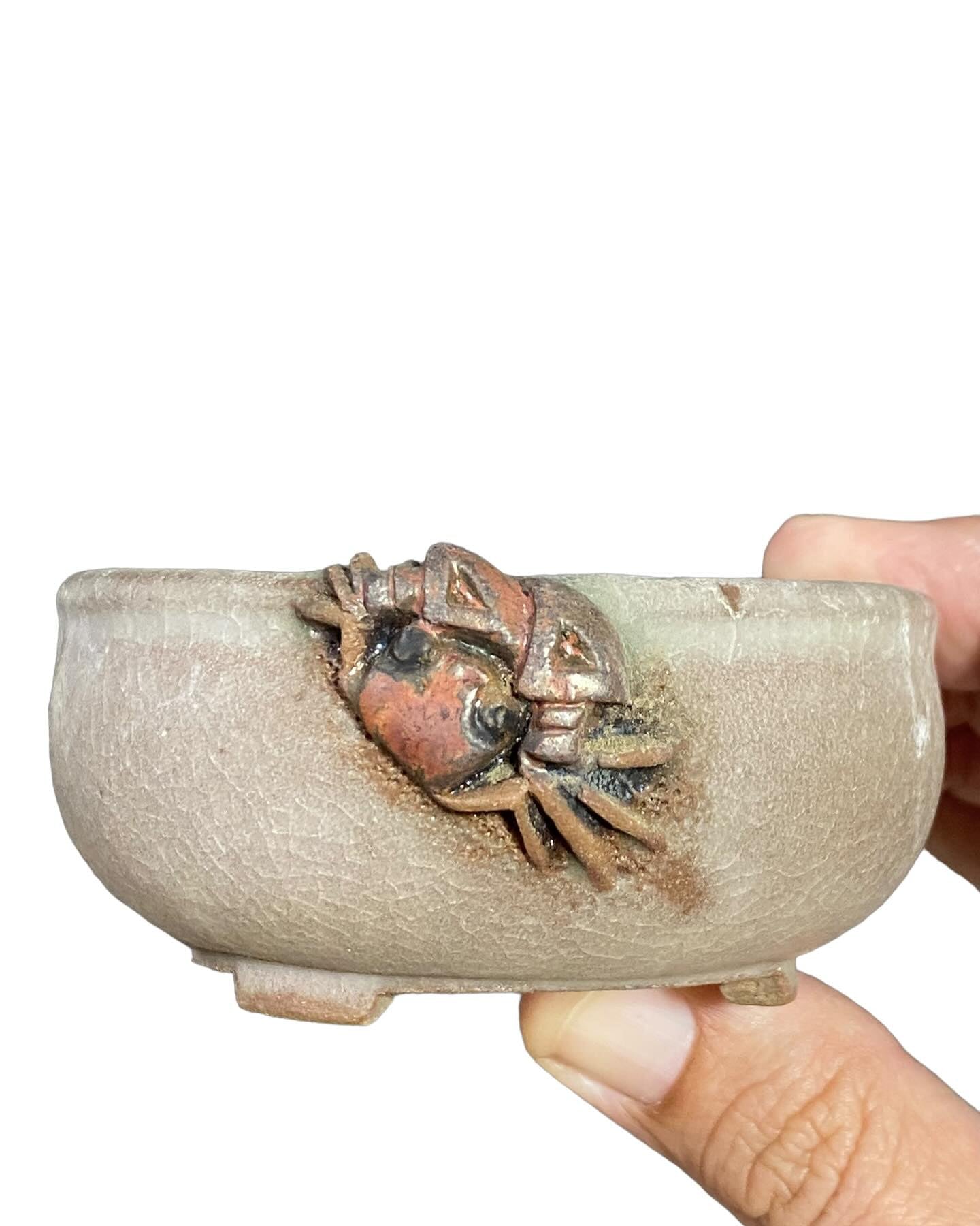 Tanabe Sekisyu - Carved Crab on Stellar Muted Purple Pot (3-3/8" wide)