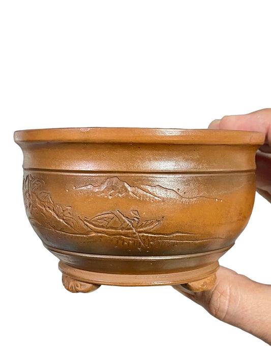 Bigei "Hirata Atsumi"- Old Etched Footed Bowl Bonsai Pot (4-11/16" wide)