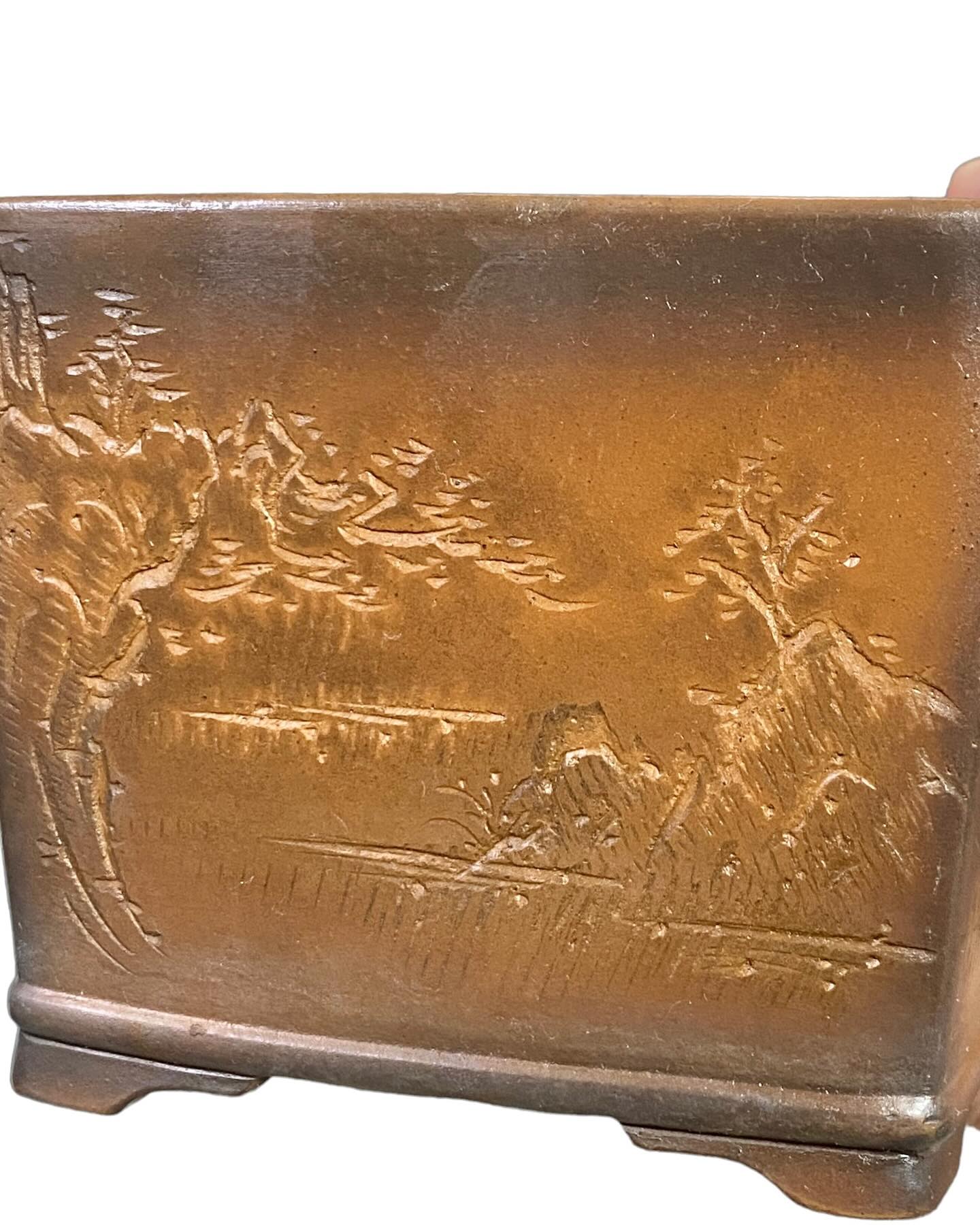 Bigei "Hirata Atsumi"- Old Etched Semi-Cascade Bonsai Pot (4-11/16" wide)