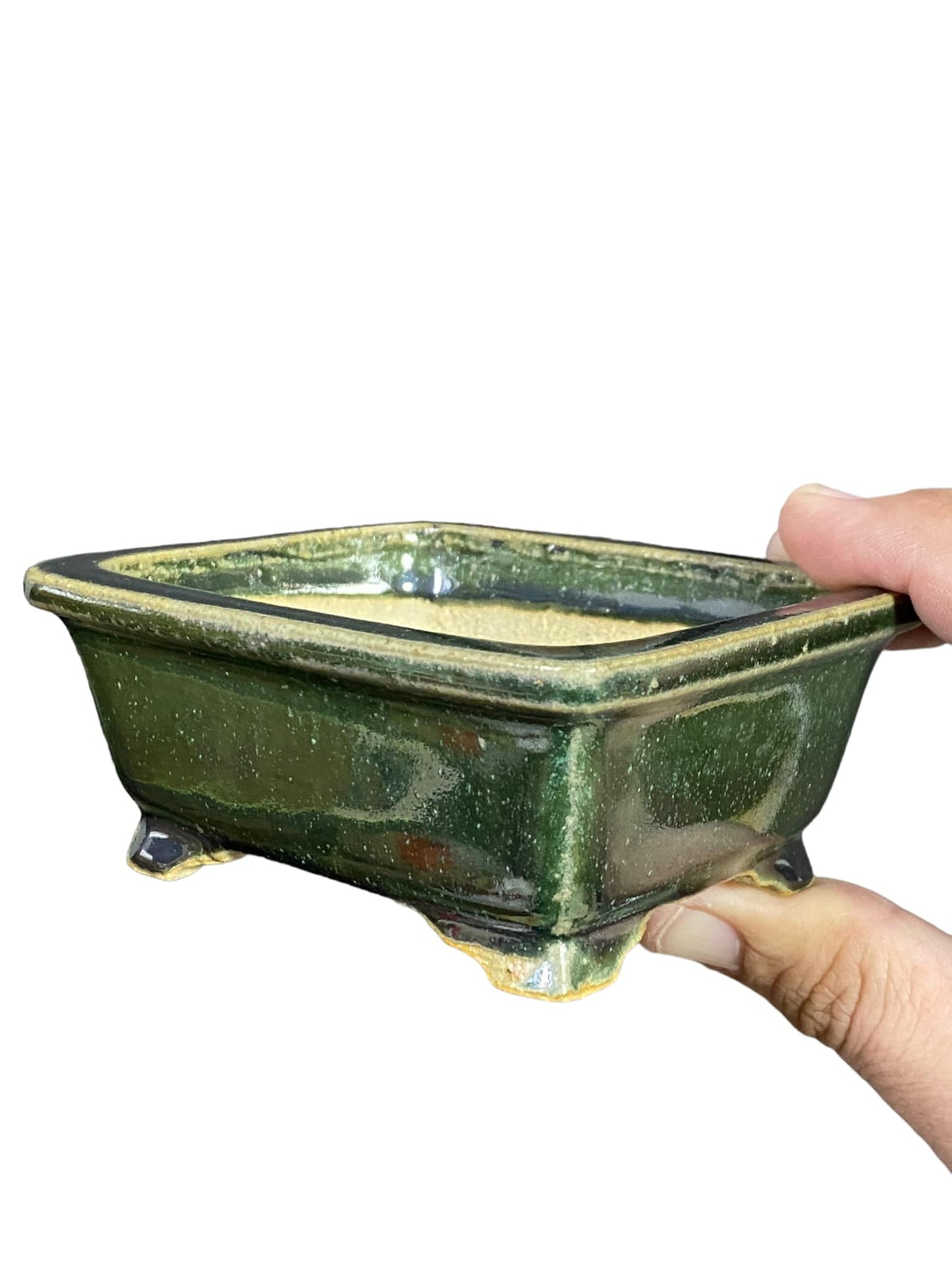 Shibakatsu - Beautiful Green Glazed Rectangle Bonsai Pot (4-5/16" wide)