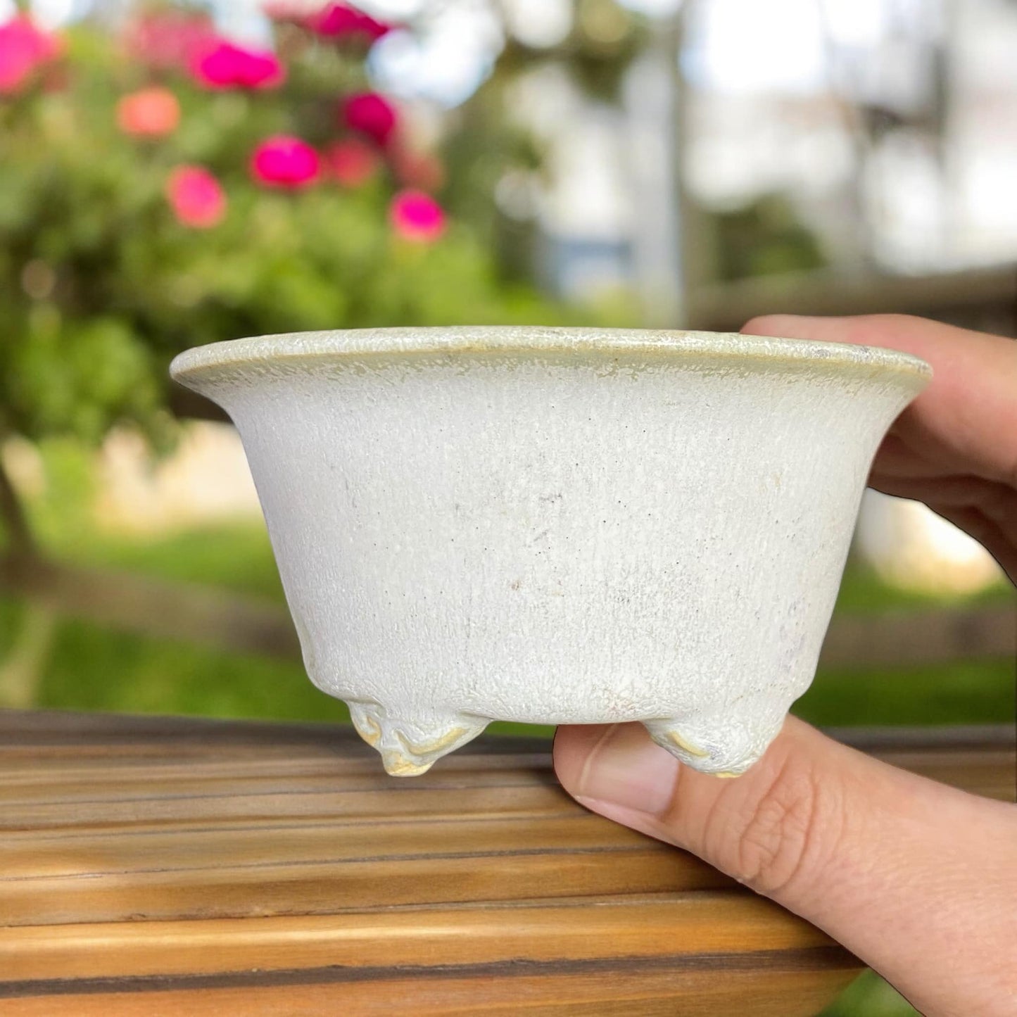 Kiyoshi Kiowai “Fuka” - Unique White Glazed Bowl Bonsai Pot (3-7/8" wide)