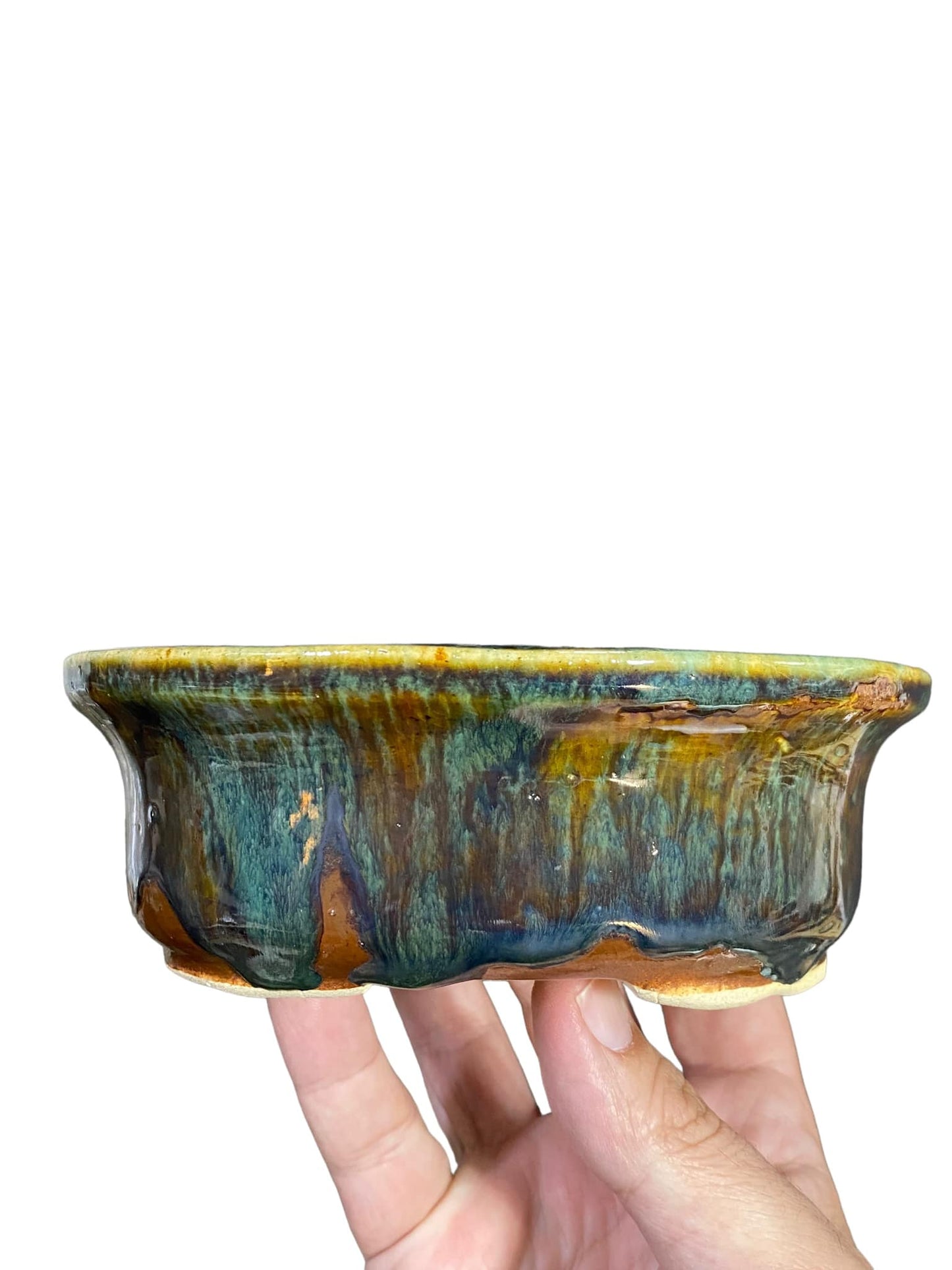 Shoseki - Multicolor Glazed Oval Bonsai Pot (6-1/8" wide)