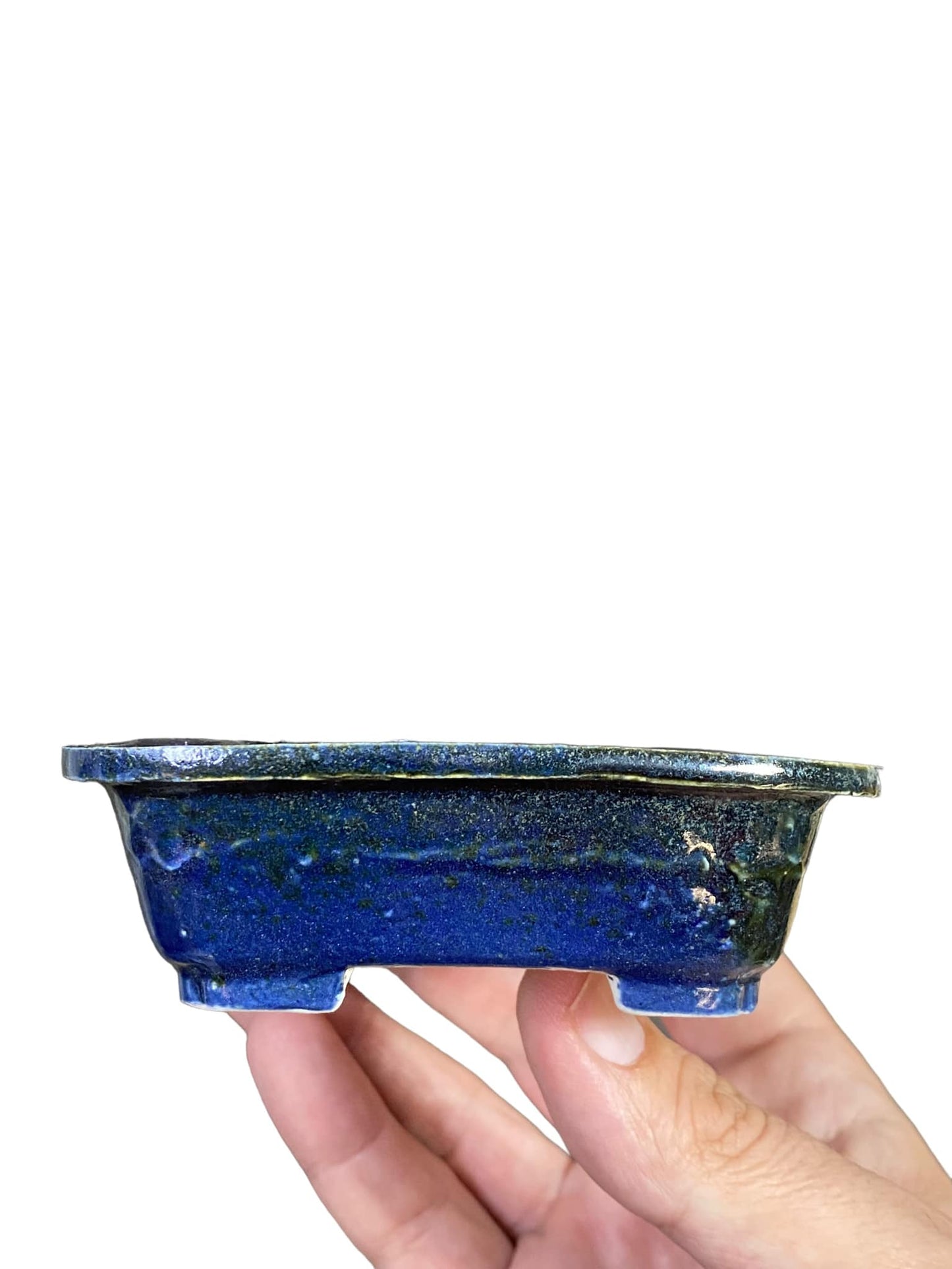 Shoseki -  Shallow Blue Glazed Rectangle Bonsai Pot (5-5/16" wide)