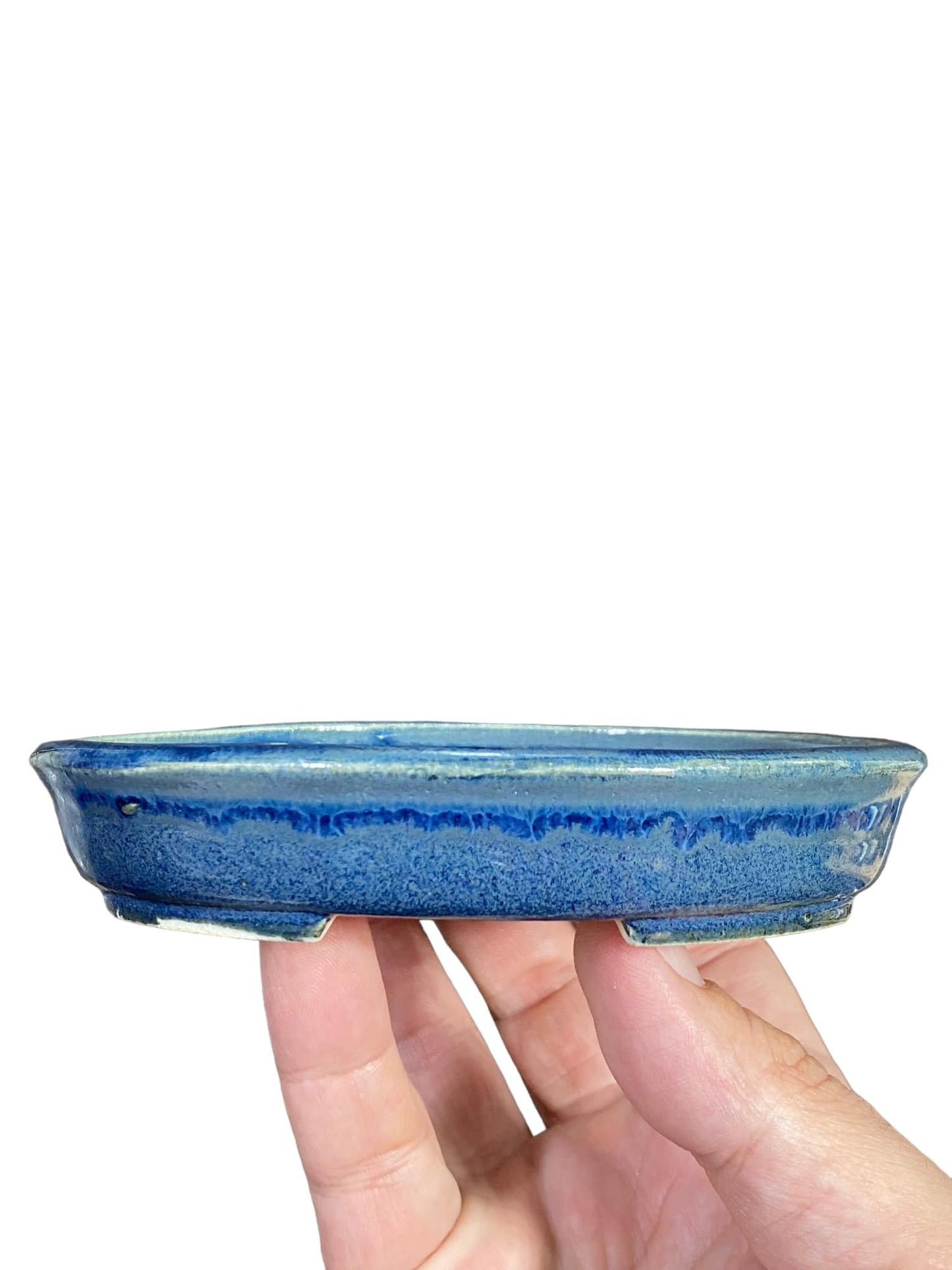 Shoseki -   Cool Blues Glazed Shallow Oval Bonsai Pot (5-1/8" wide)