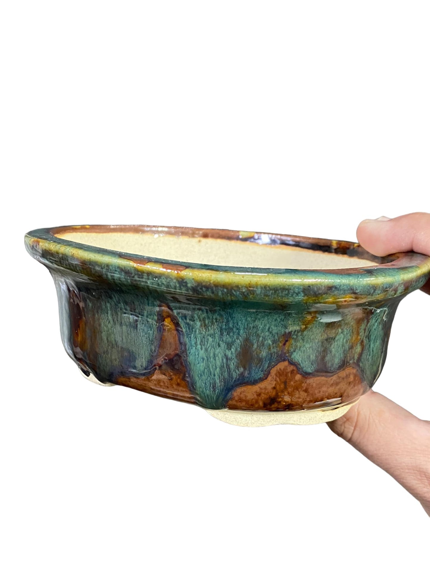 Shoseki - Multicolor Glazed Oval Bonsai Pot (6-1/8" wide)