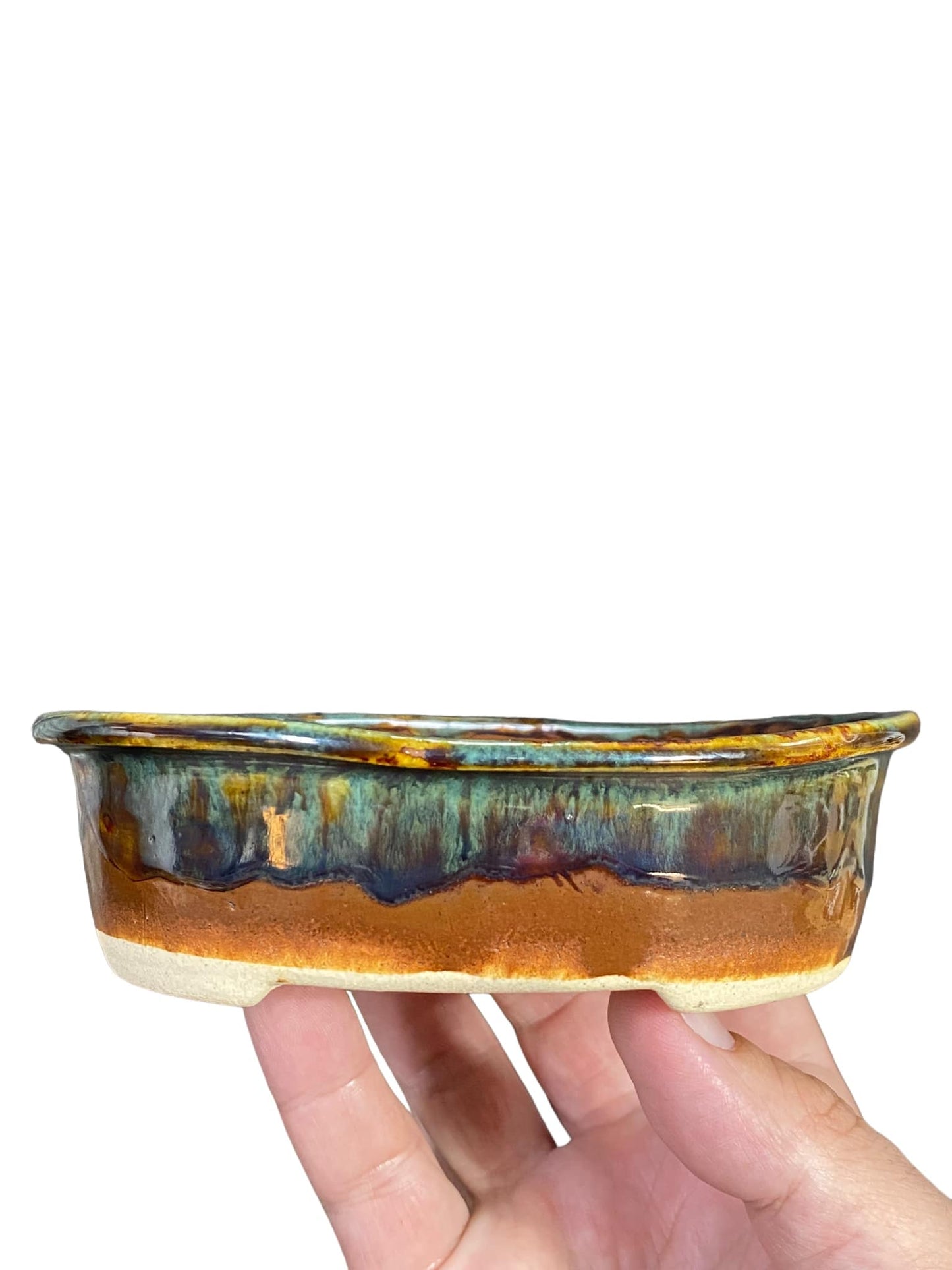 Shoseki -Glazed Flared Lip Oval Bonsai Pot  (5-1/2" wide)