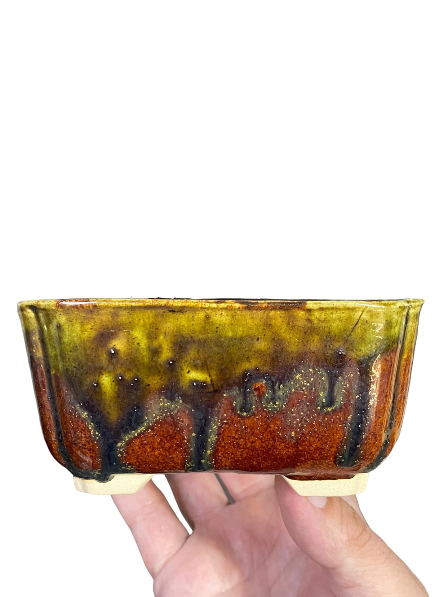 Shoseki - Beautiful Drip Glazed Rectangle Bonsai Pot (6-1/4" wide)