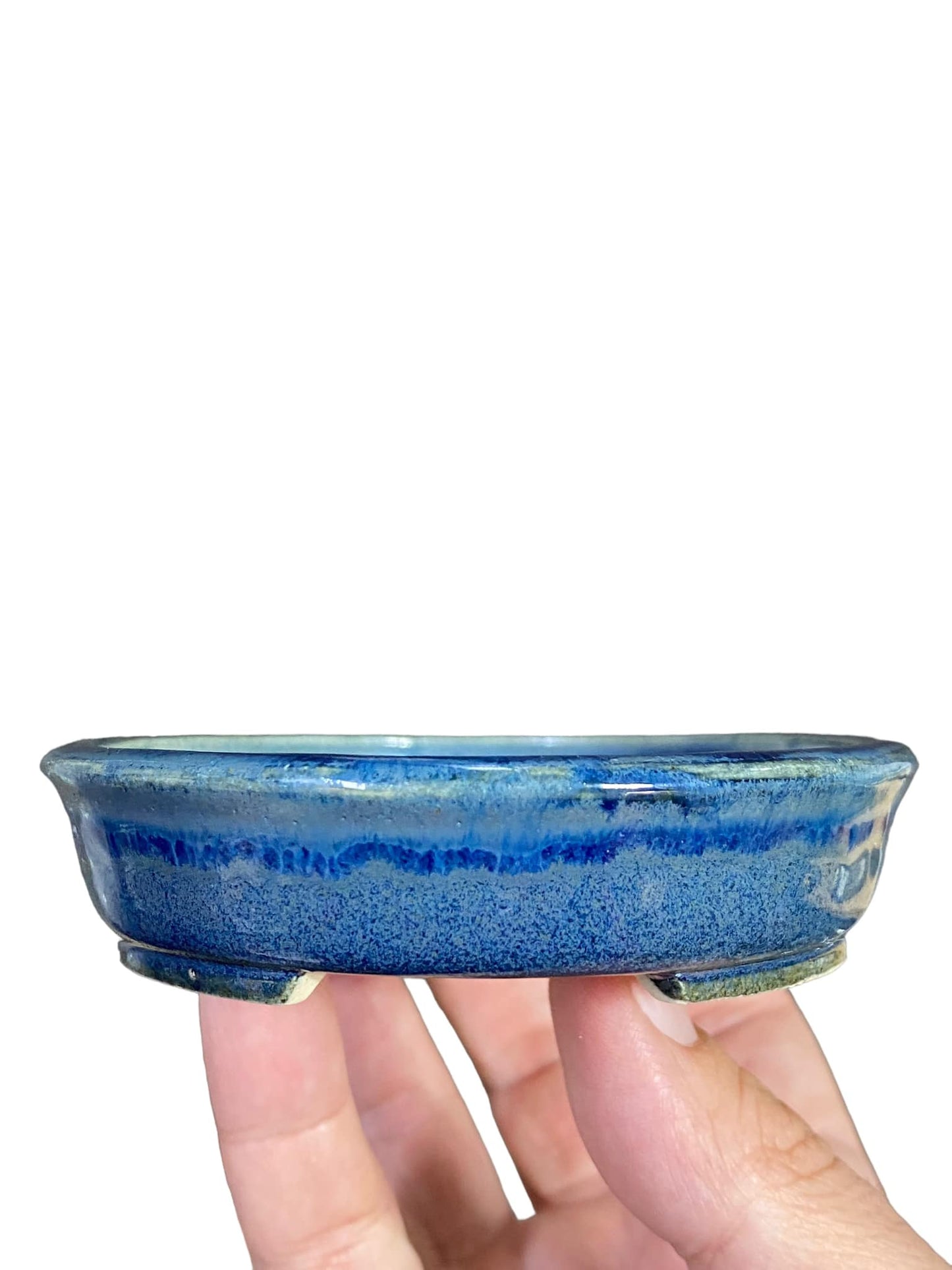 Shoseki -   Cool Blues Glazed Shallow Oval Bonsai Pot (5-1/8" wide)