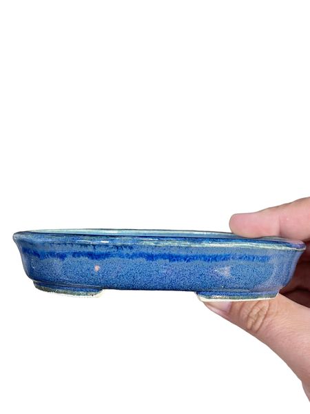 Shoseki -   Cool Blues Glazed Shallow Oval Bonsai Pot (5-1/8" wide)