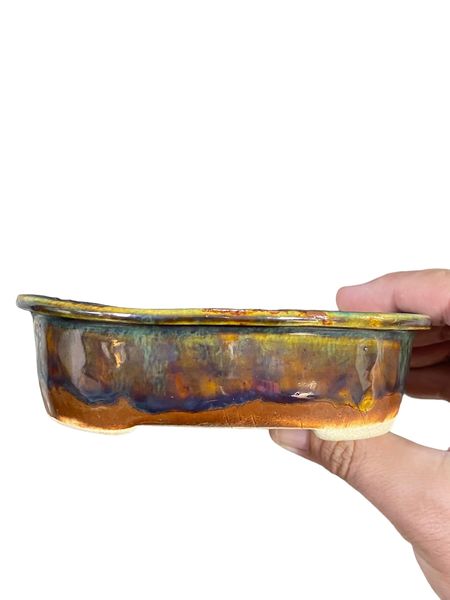 Shoseki -Glazed Flared Lip Oval Bonsai Pot  (5-1/2" wide)