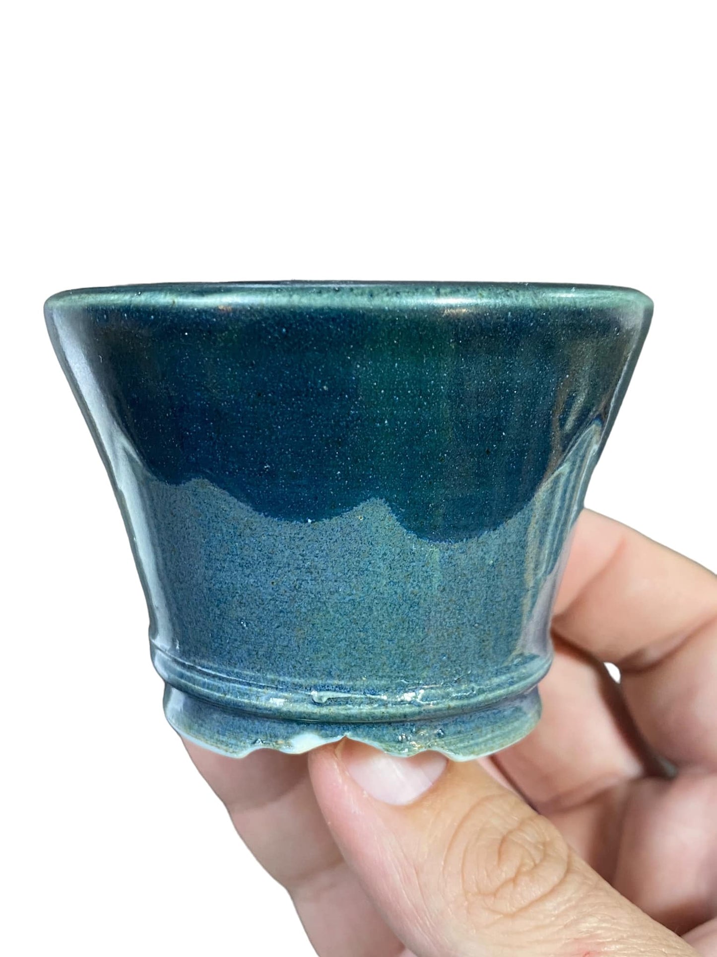 Shoseki - Great Two Tone Teal Glazed Round Pot (3-1/4" wide)