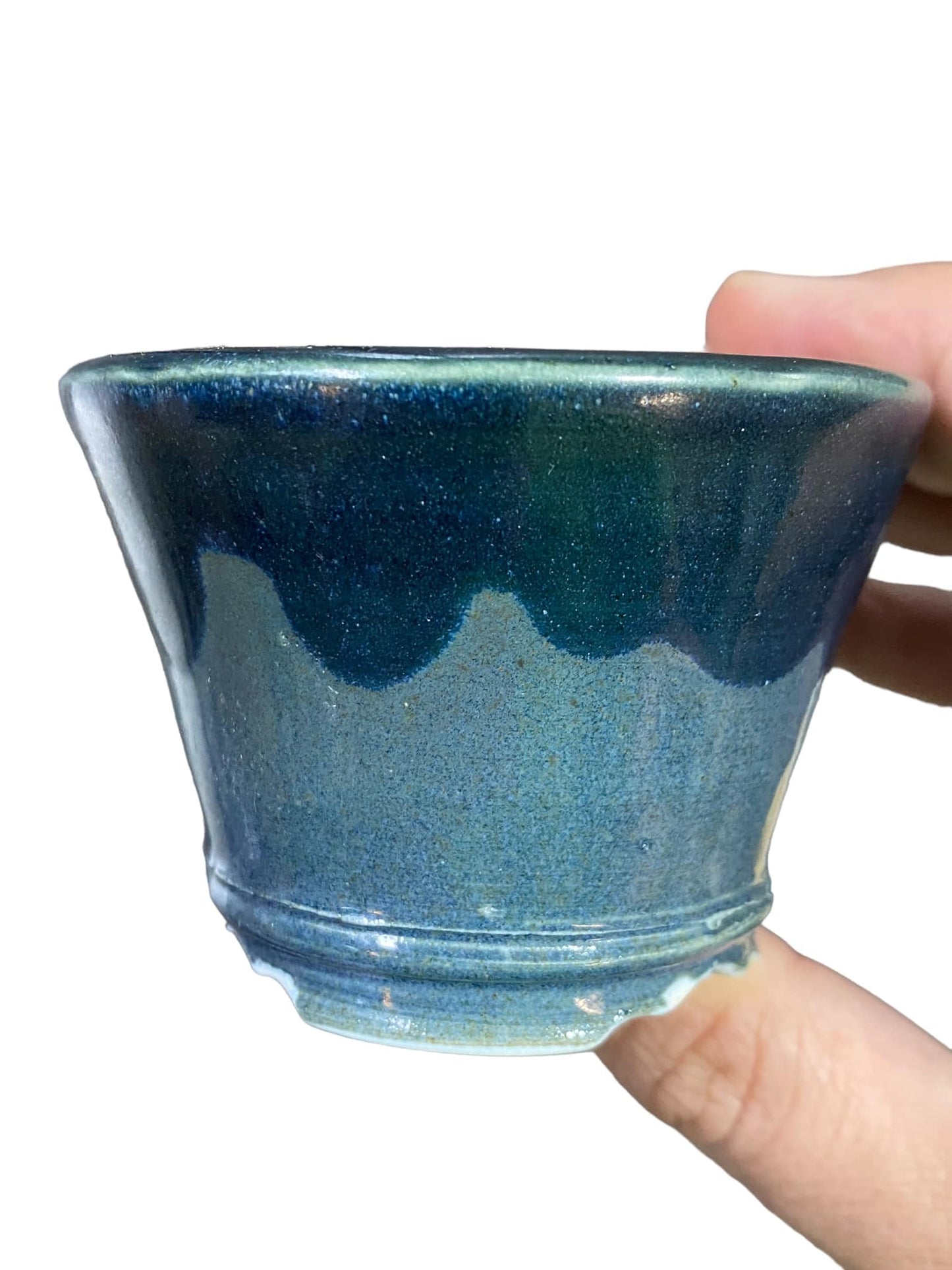 Shoseki - Great Two Tone Teal Glazed Round Pot (3-1/4" wide)