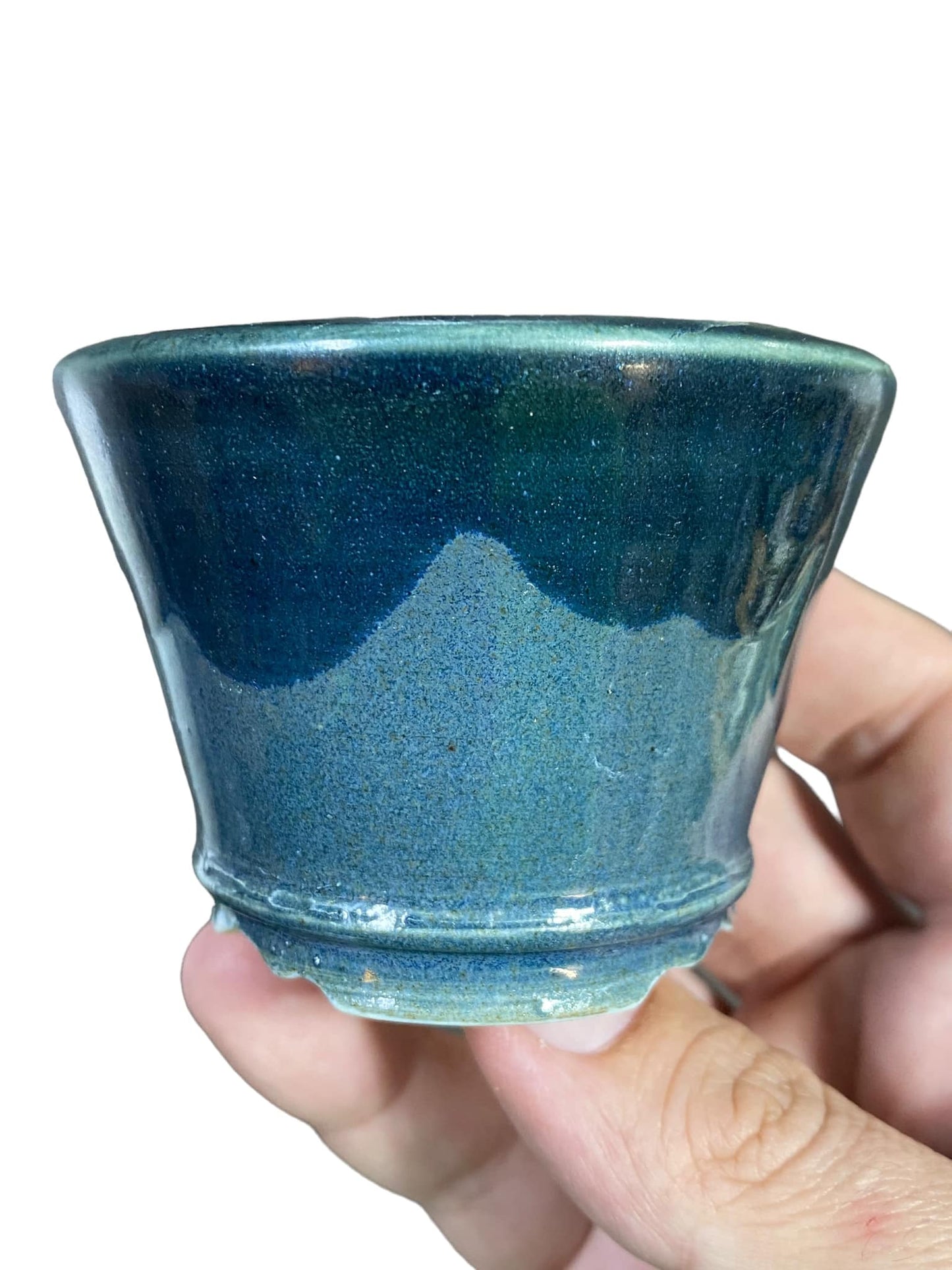 Shoseki - Great Two Tone Teal Glazed Round Pot (3-1/4" wide)