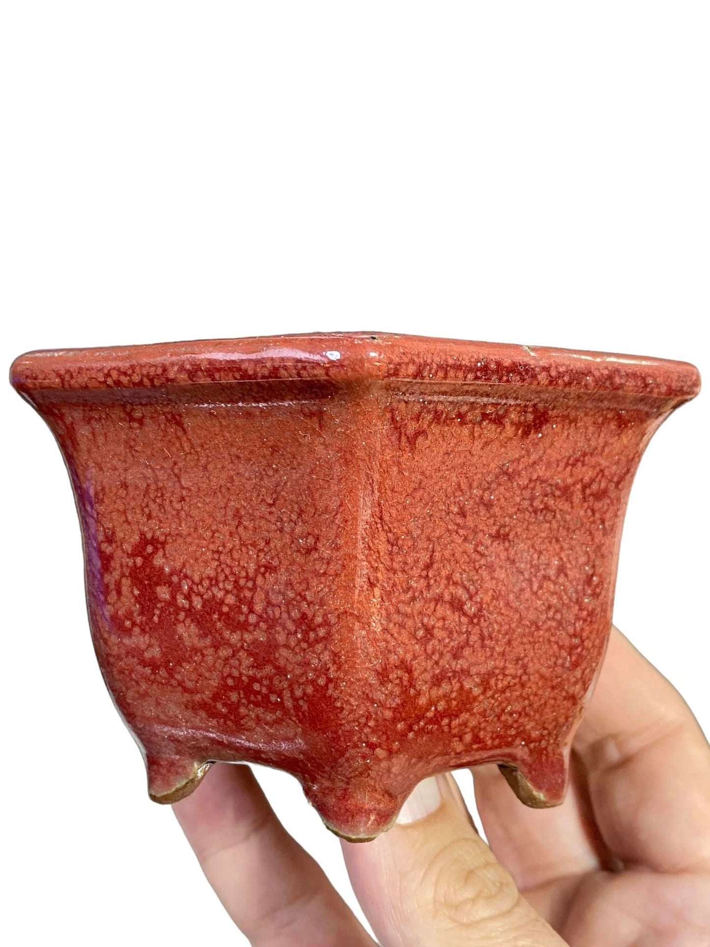 Shuho - Beautiful Rich Red Glazed Hexagon Bonsai Pot (4-1/8" wide)