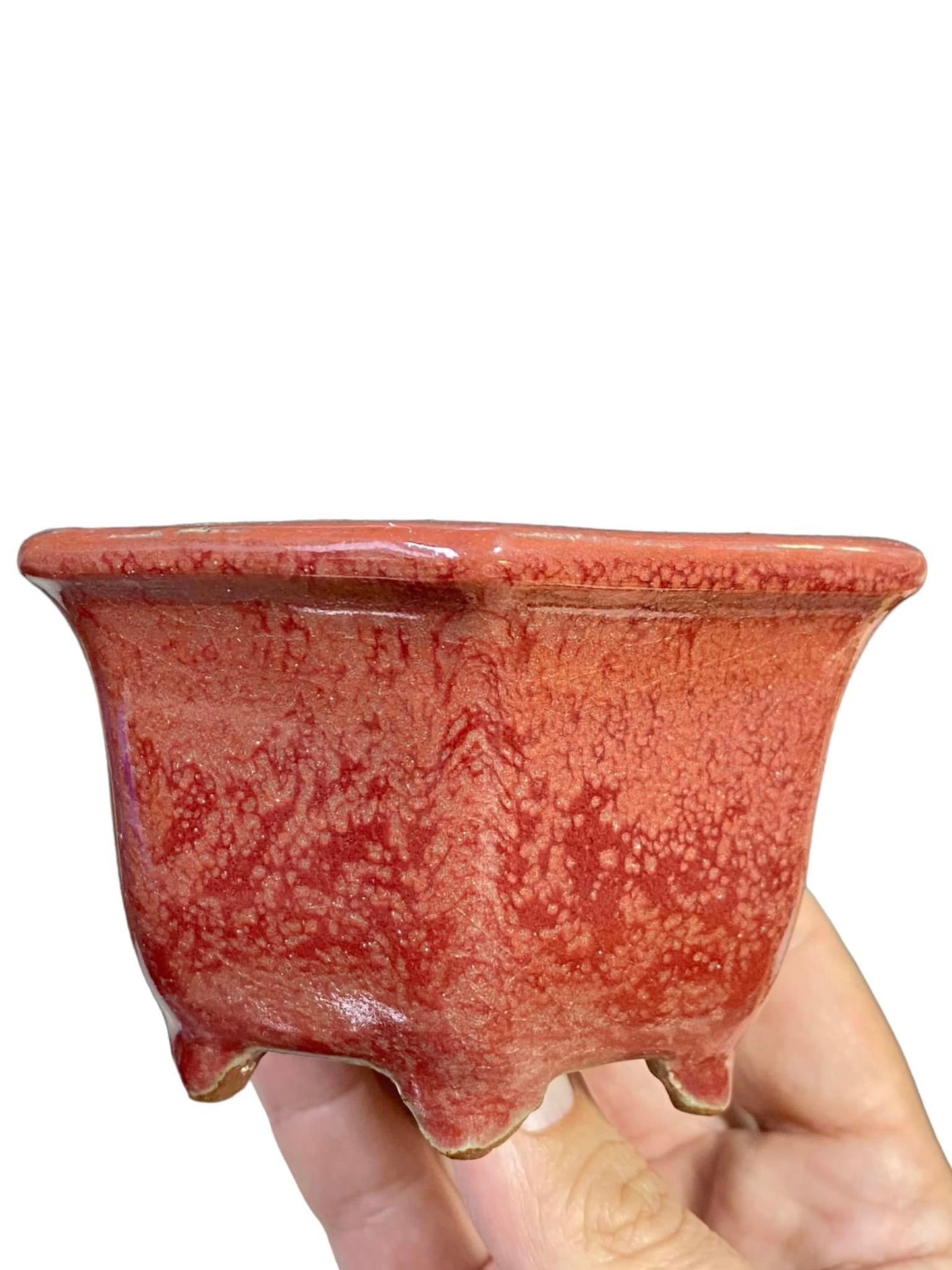 Shuho - Beautiful Rich Red Glazed Hexagon Bonsai Pot (4-1/8" wide)