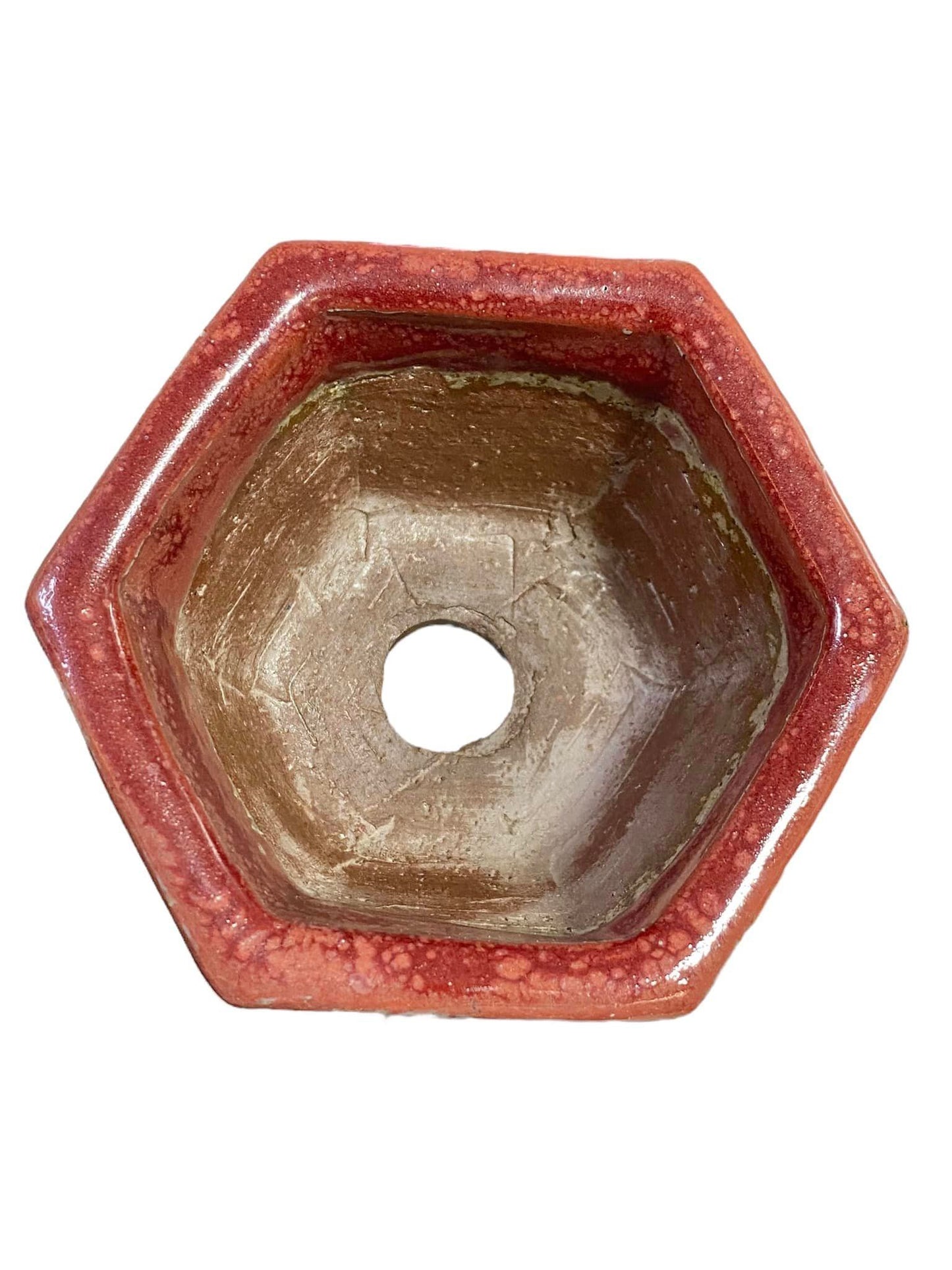 Shuho - Beautiful Rich Red Glazed Hexagon Bonsai Pot (4-1/8" wide)