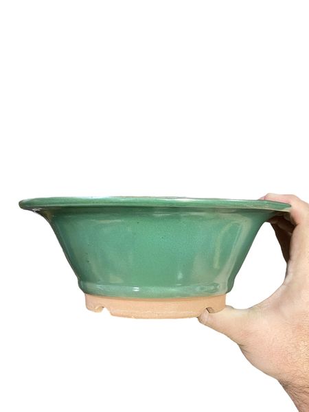 Marujin Kasa / Banko-ware - Wonderful Green Glazed Bowl Bonsai Pot (8-3/4" wide)