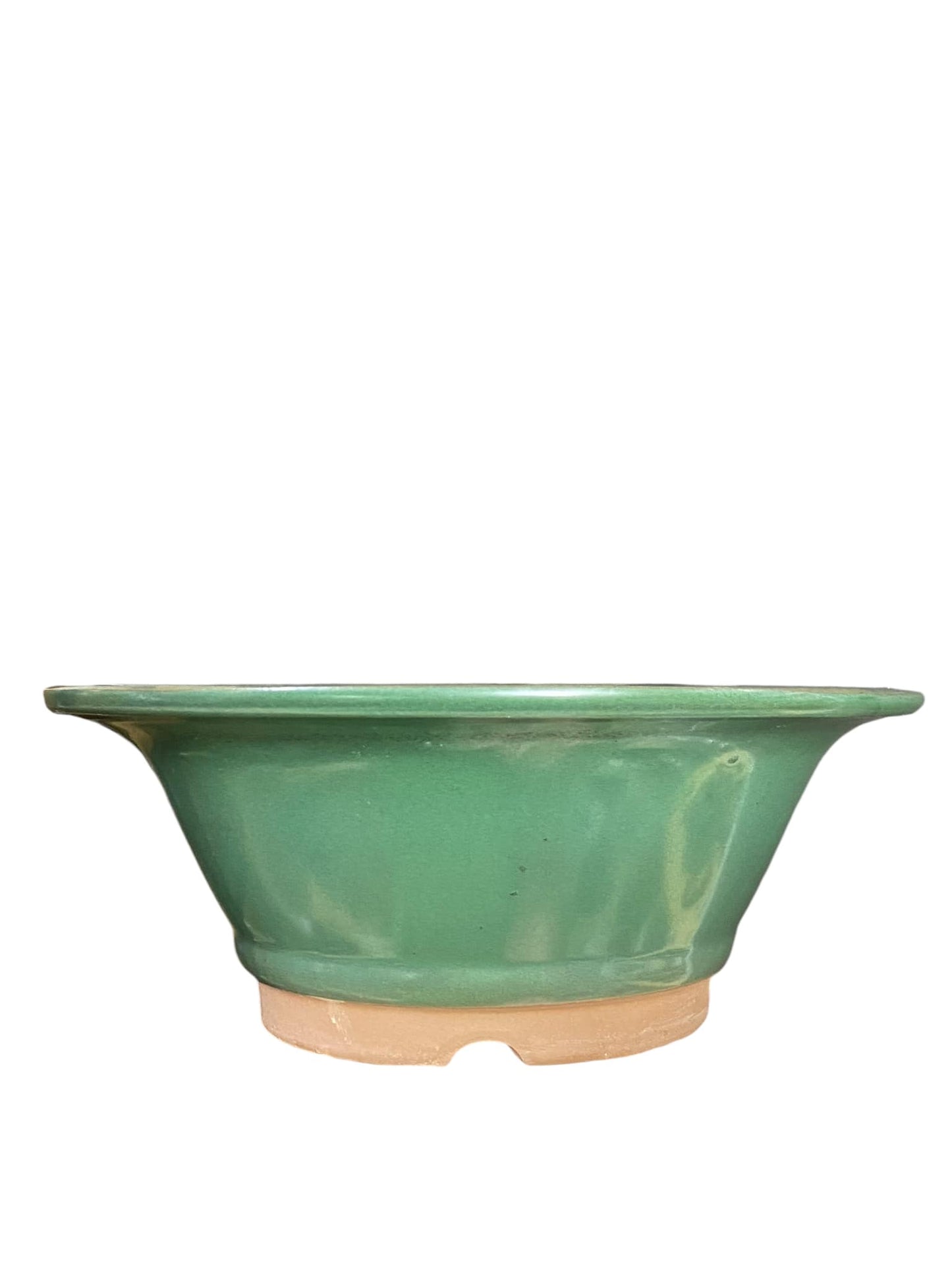 Marujin Kasa / Banko-ware - Wonderful Green Glazed Bowl Bonsai Pot (8-3/4" wide)