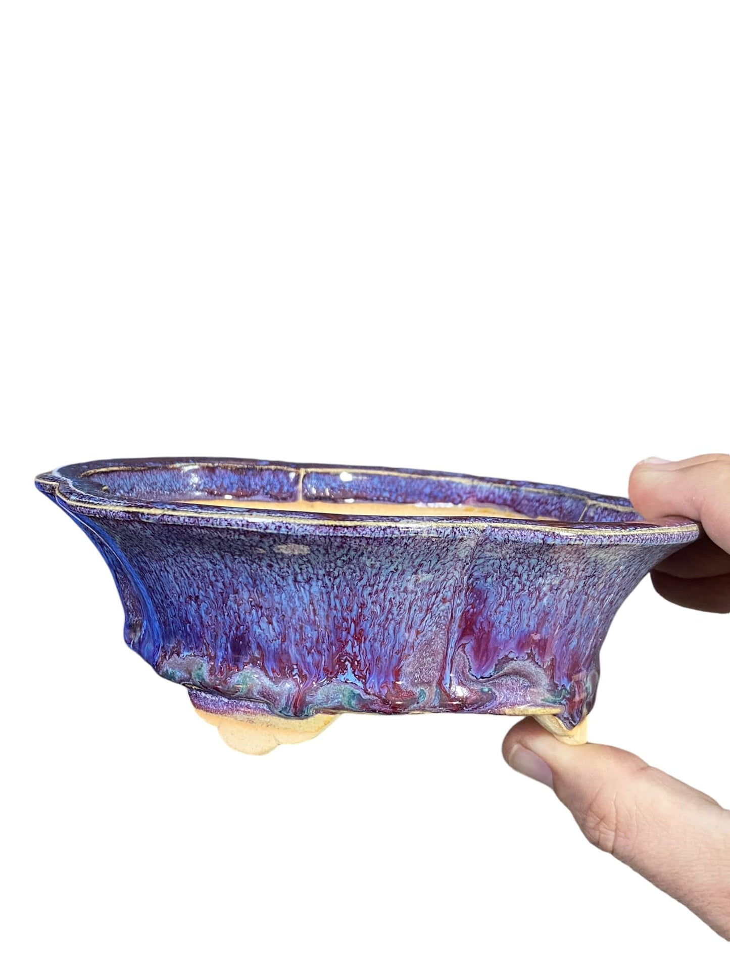 Fukuda Keiun - Beautiful Multicolor Glazed Mokko Bonsai Pot (6-7/8" wide)