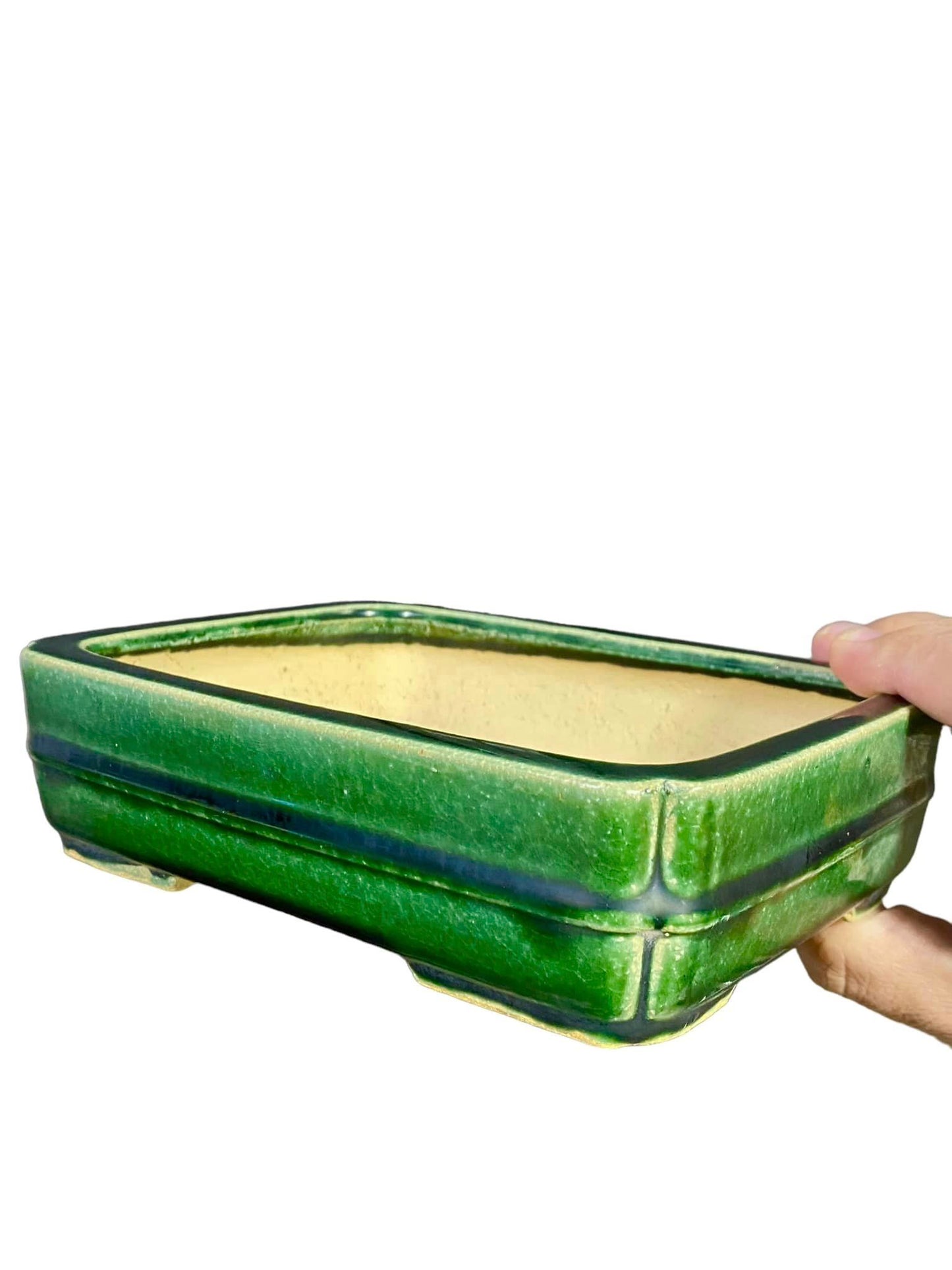 Shibakatsu - Stellar Banded Green Glazed Rectangle Bonsai Pot (7-1/8" wide)