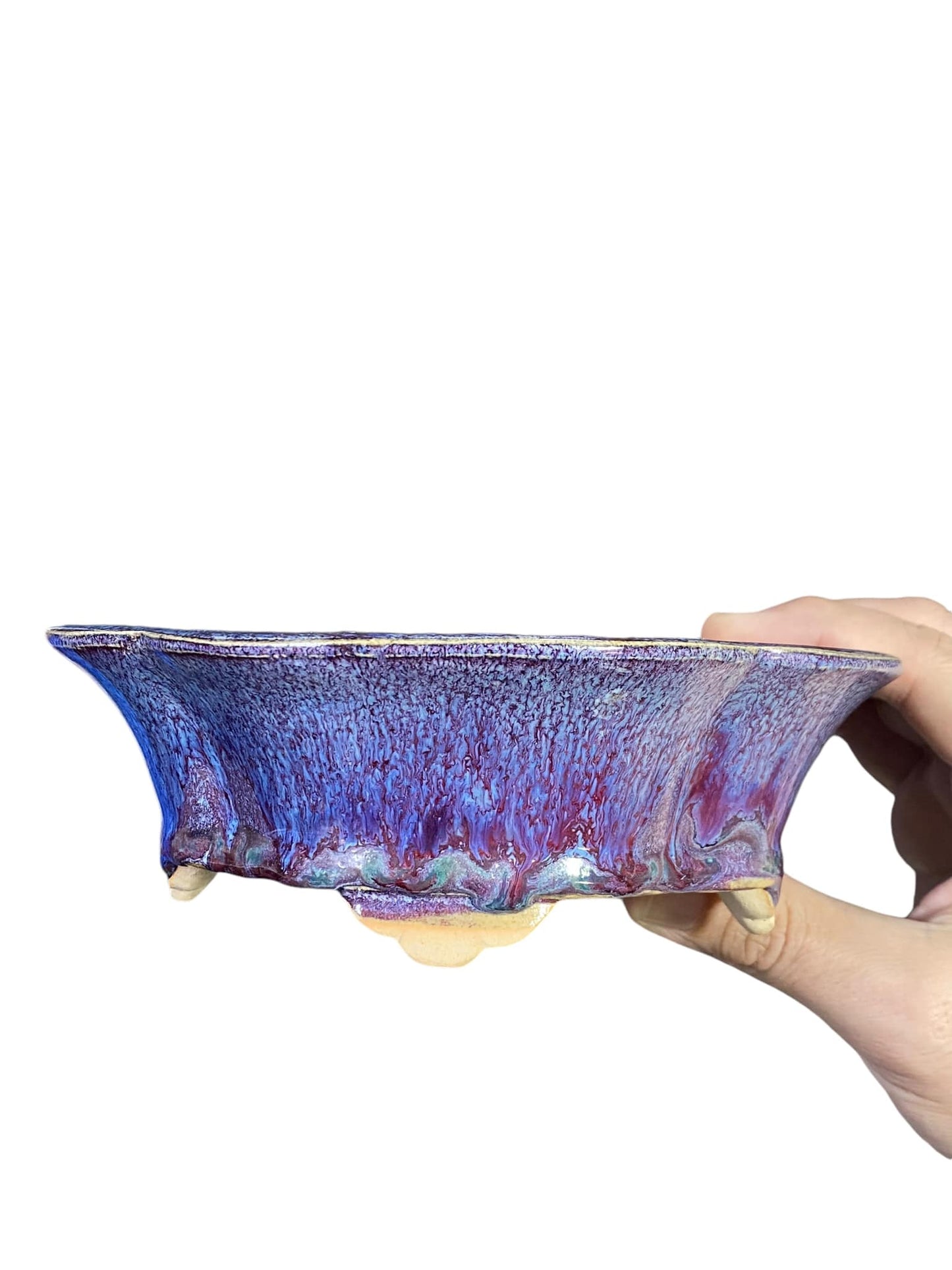 Fukuda Keiun - Beautiful Multicolor Glazed Mokko Bonsai Pot (6-7/8" wide)