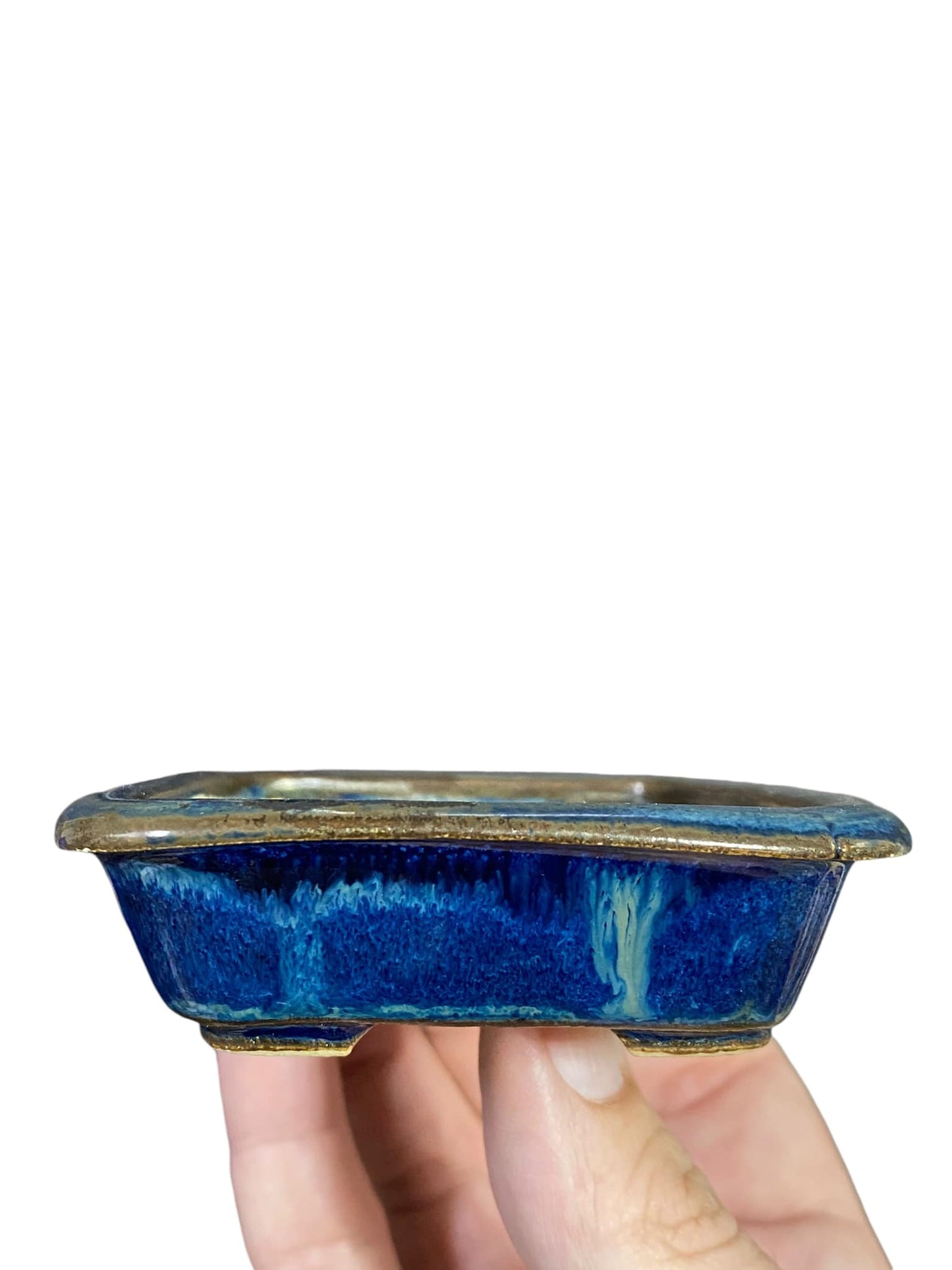 Dokou - Namako Blue Glazed Rectangle Bonsai Pot (4-1/2" wide)