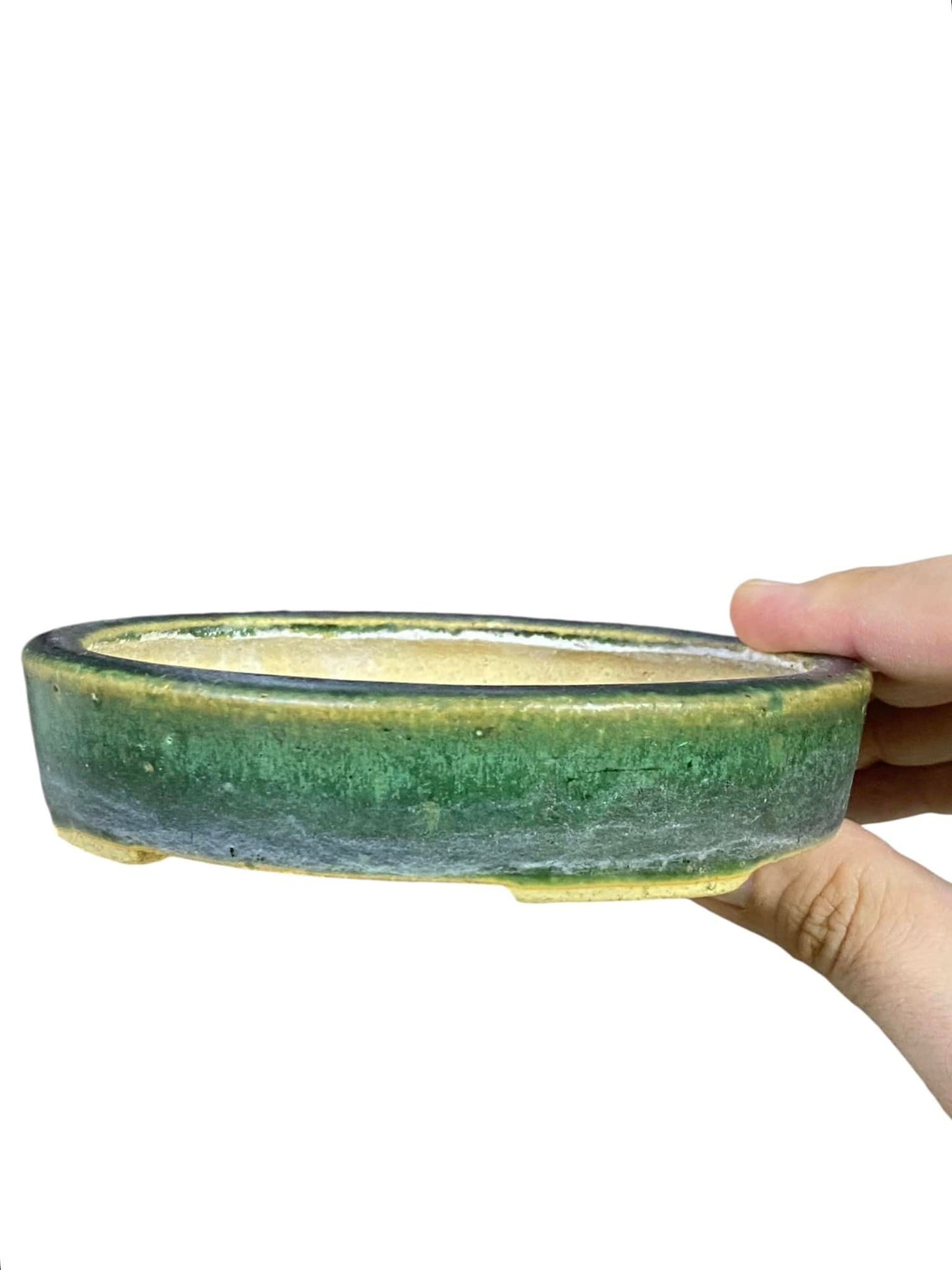 Harumatsu - Older Oribe Glazed Oval Bonsai Pot (5-3/16" wide)