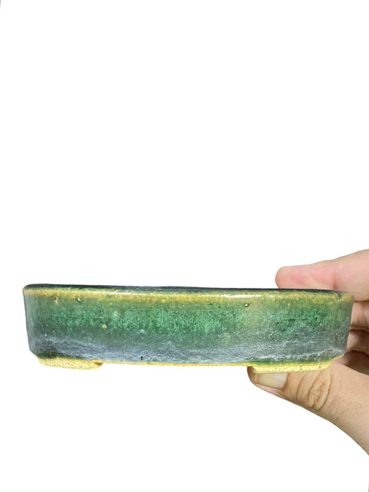 Harumatsu - Older Oribe Glazed Oval Bonsai Pot (5-3/16" wide)