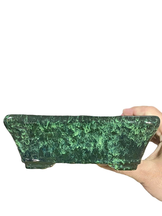 Shuho - Exquisite Multicolor Green Glazed Rectangle Bonsai Pot (7-1/4" wide)