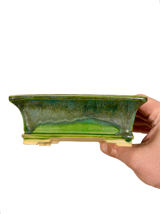 Fukuda Keiun - Shimmering Green Glazed Rectangle Bonsai Pot