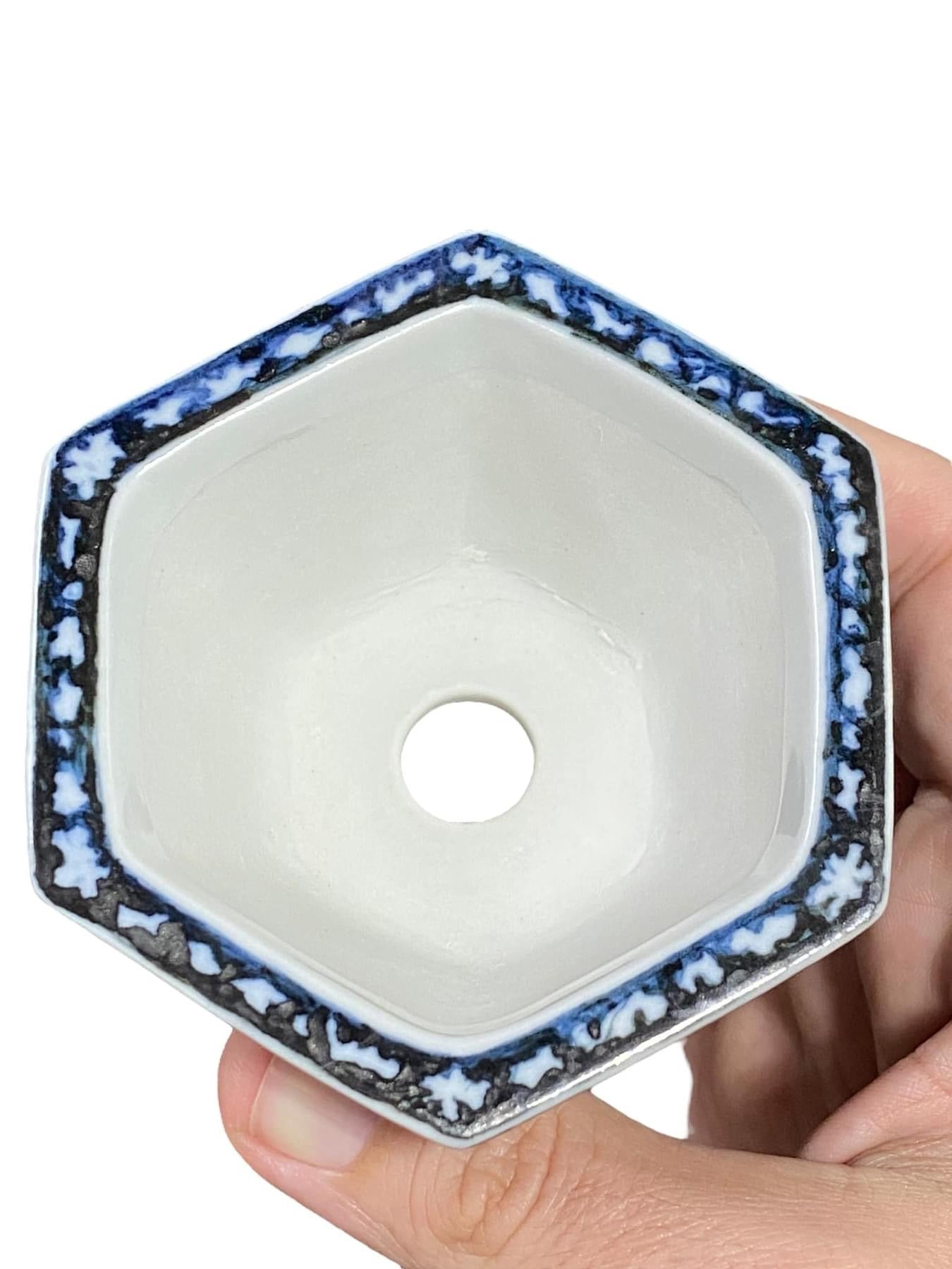 Kutani Houzan - Hand Painted Hexagon Bonsai Pot (3-1/2" wide)