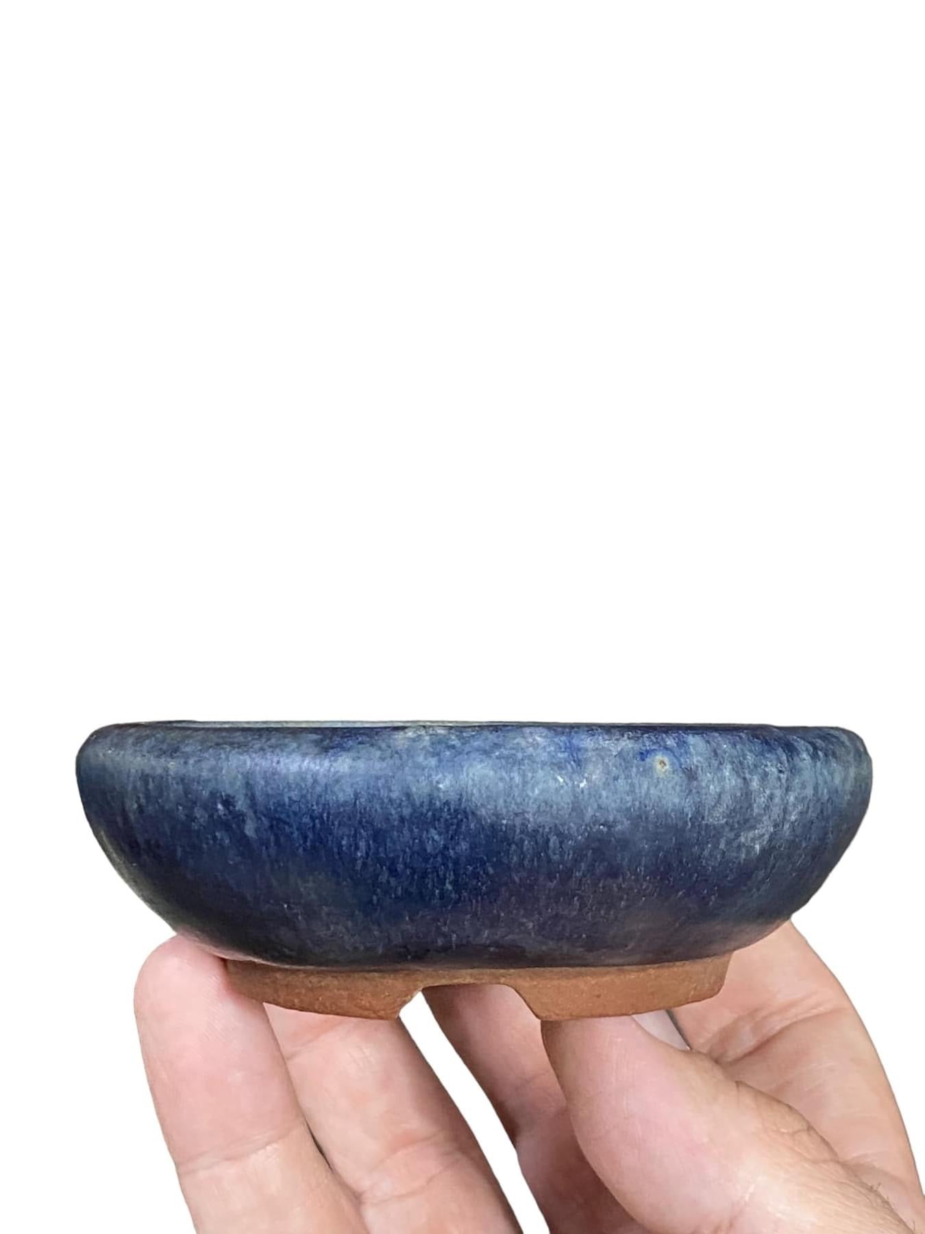 Yozan - Old Blue Namako Glazed Bonsai Pot with Patina (4-11/16” wide)