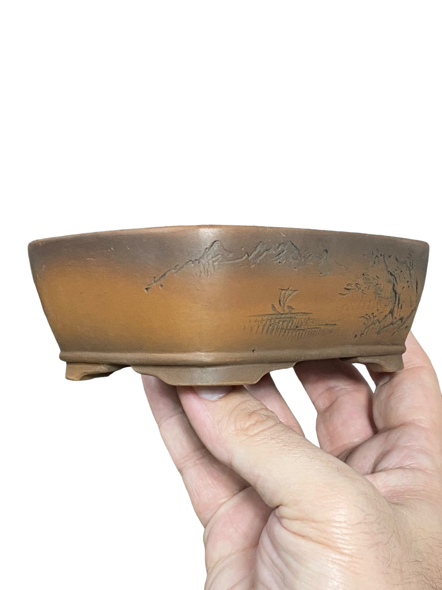 Bigei - Old Relief Carved Oval Style Bonsai Pot