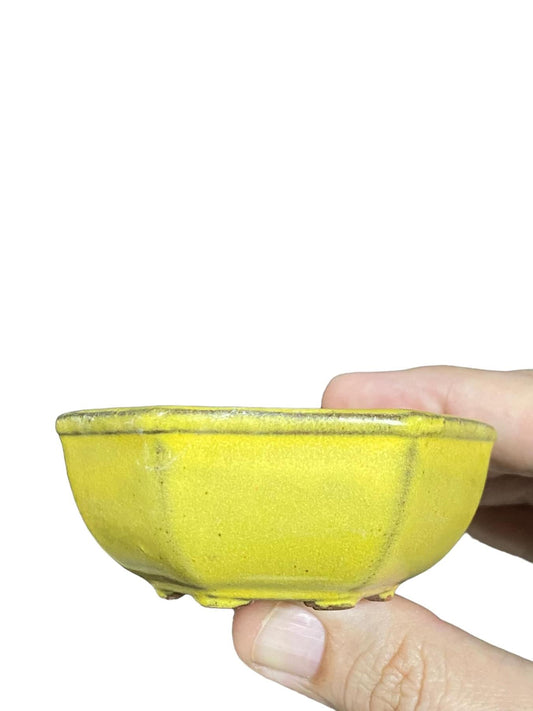 Japanese - Yellow Glazed Mame Bonsai Pot with Patina (2-3/4” wide)