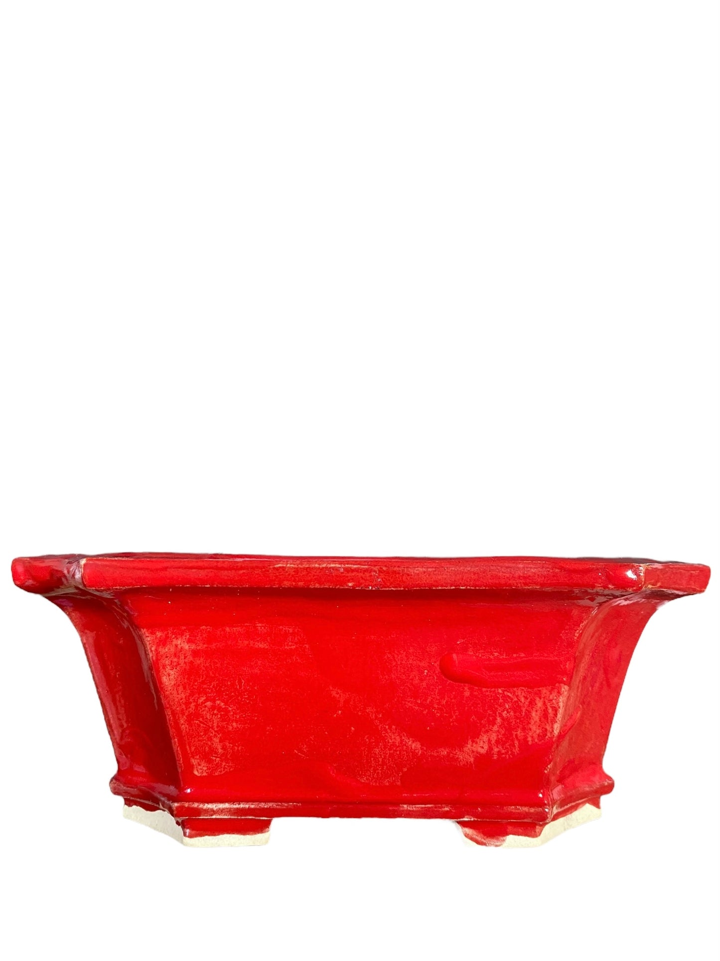 Fukuda Keiun - Bright Red Glazed Rectangle Bonsai Pot (5-7/8" wide)