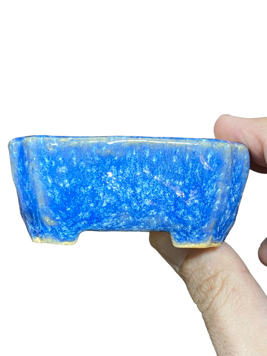 Zyubei - Stunning Blue Glazed Mame Rectangle Bonsai Pot (3-1/4” wide)
