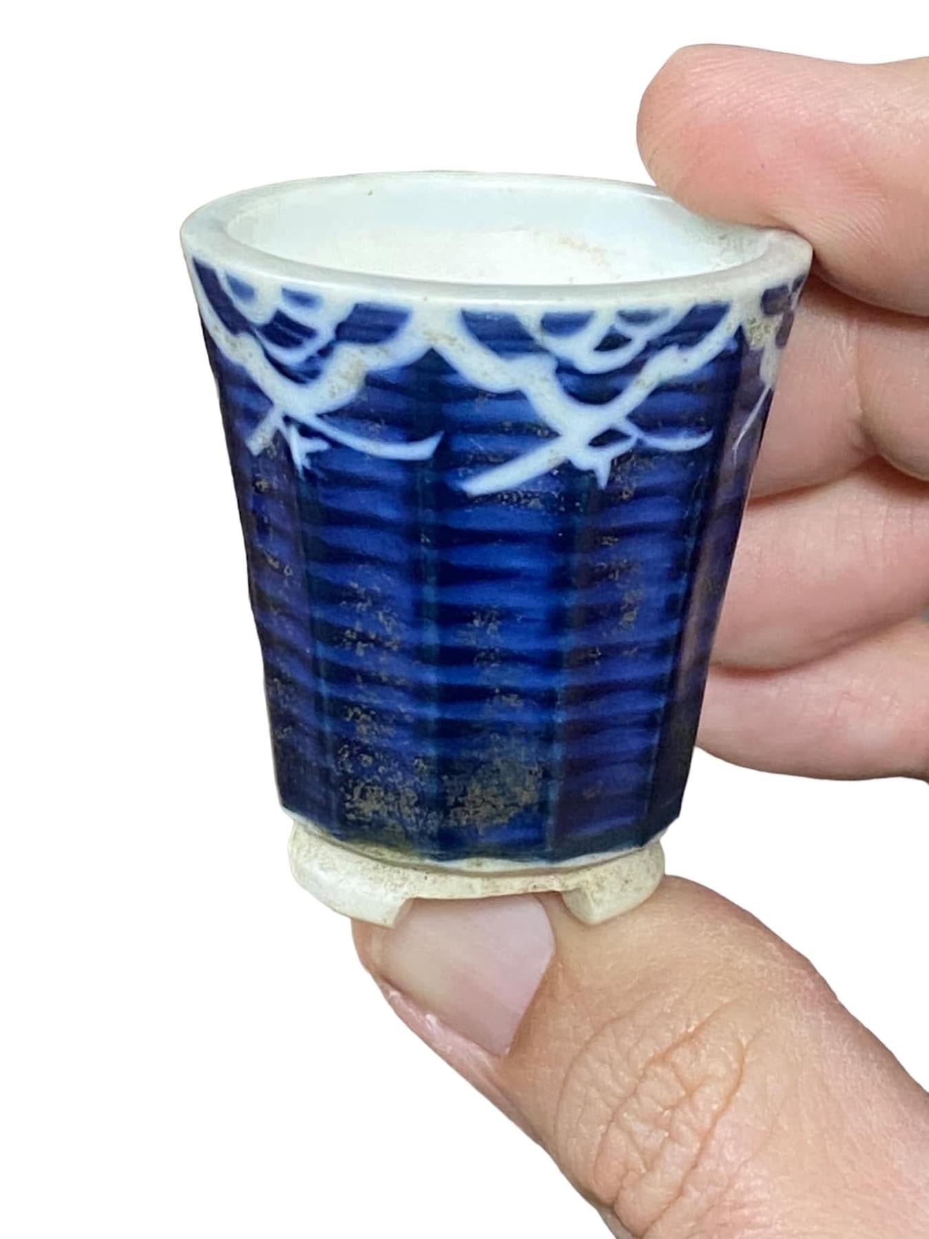 Koho - Blue Glazed Painted Mame Cascade Bonsai Pot (Rare)