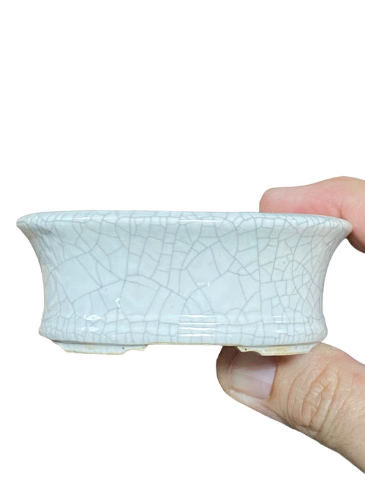 Eimei - White Crackle Glazed Oval Bonsai Pot