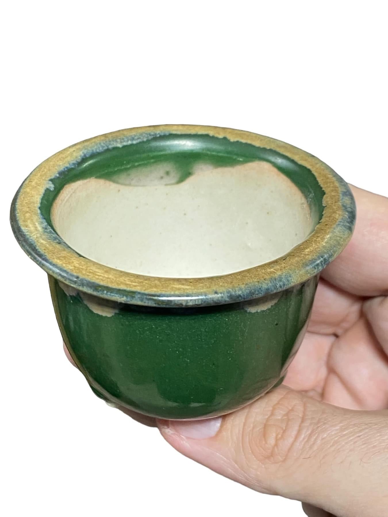 Japanese - Older Green Glazed Semi-Cascade Style Bonsai or Accent Pot (2-13/16" wide)