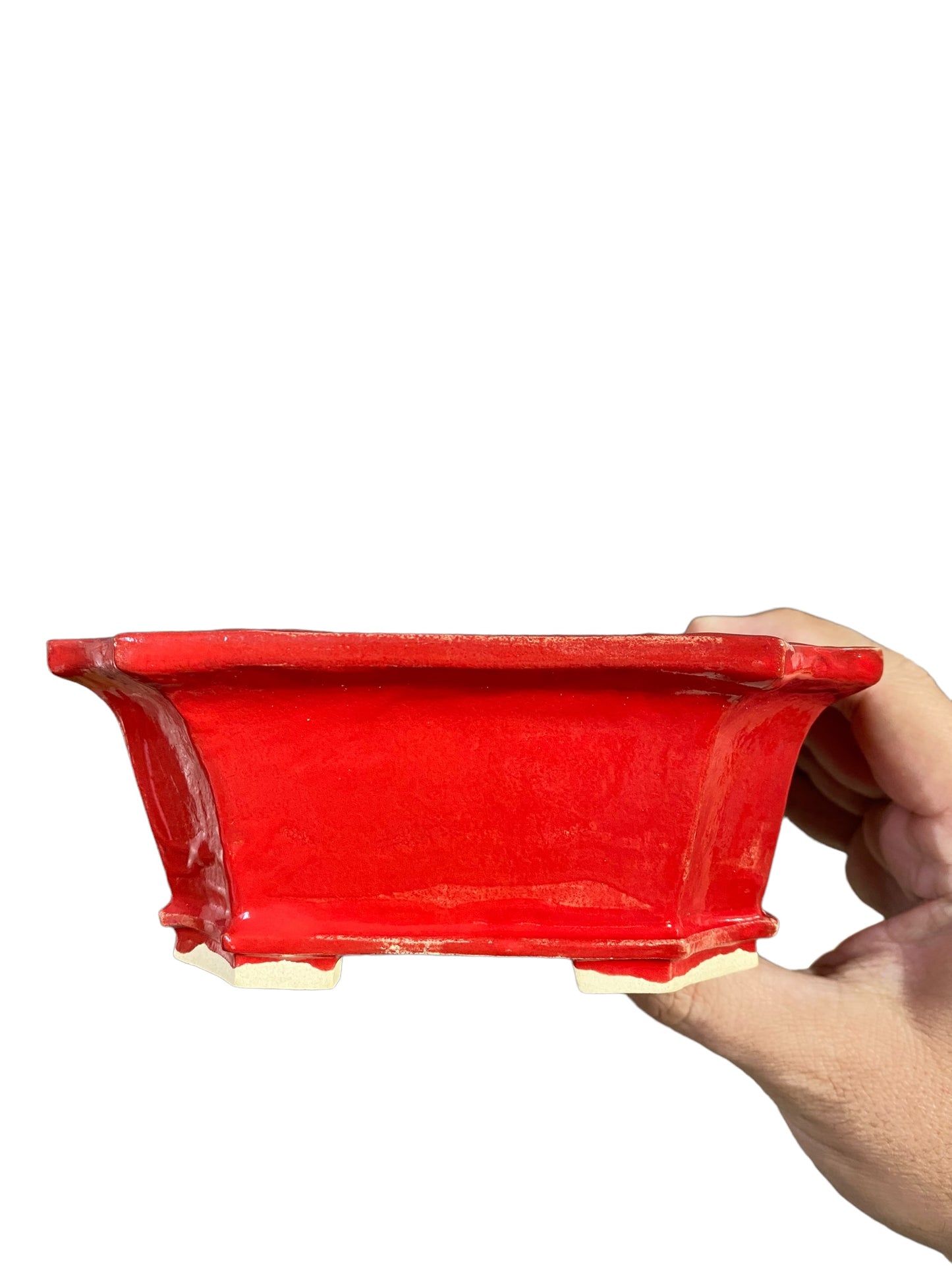 Fukuda Keiun - Bright Red Glazed Rectangle Bonsai Pot (5-7/8" wide)