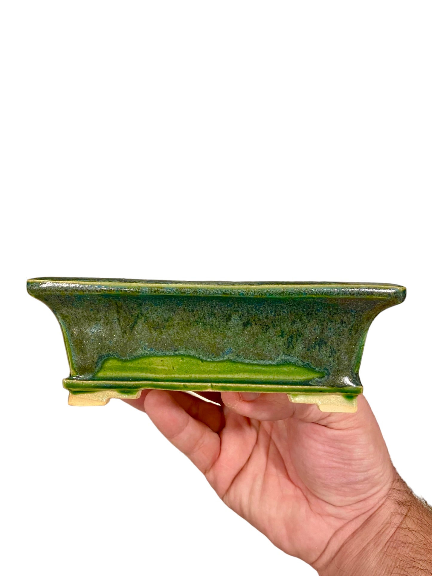 Fukuda Keiun - Shimmering Green Glazed Rectangle Bonsai Pot